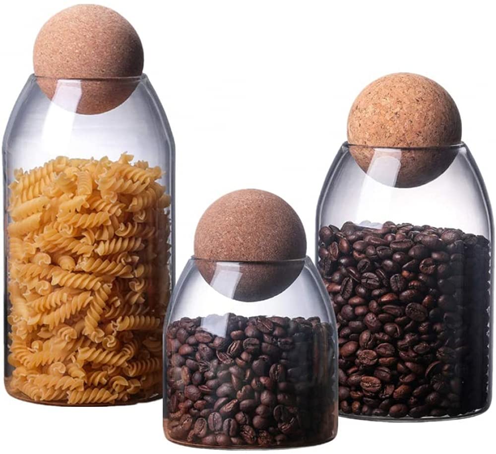 Glass Jars with Cork Stoppers - Set of 3 Airtight Spice Storage Containers for Tea, Coffee, Sugar & Nuts | Perfect for Kitchen Pantry Organization & DIY Herb Storage