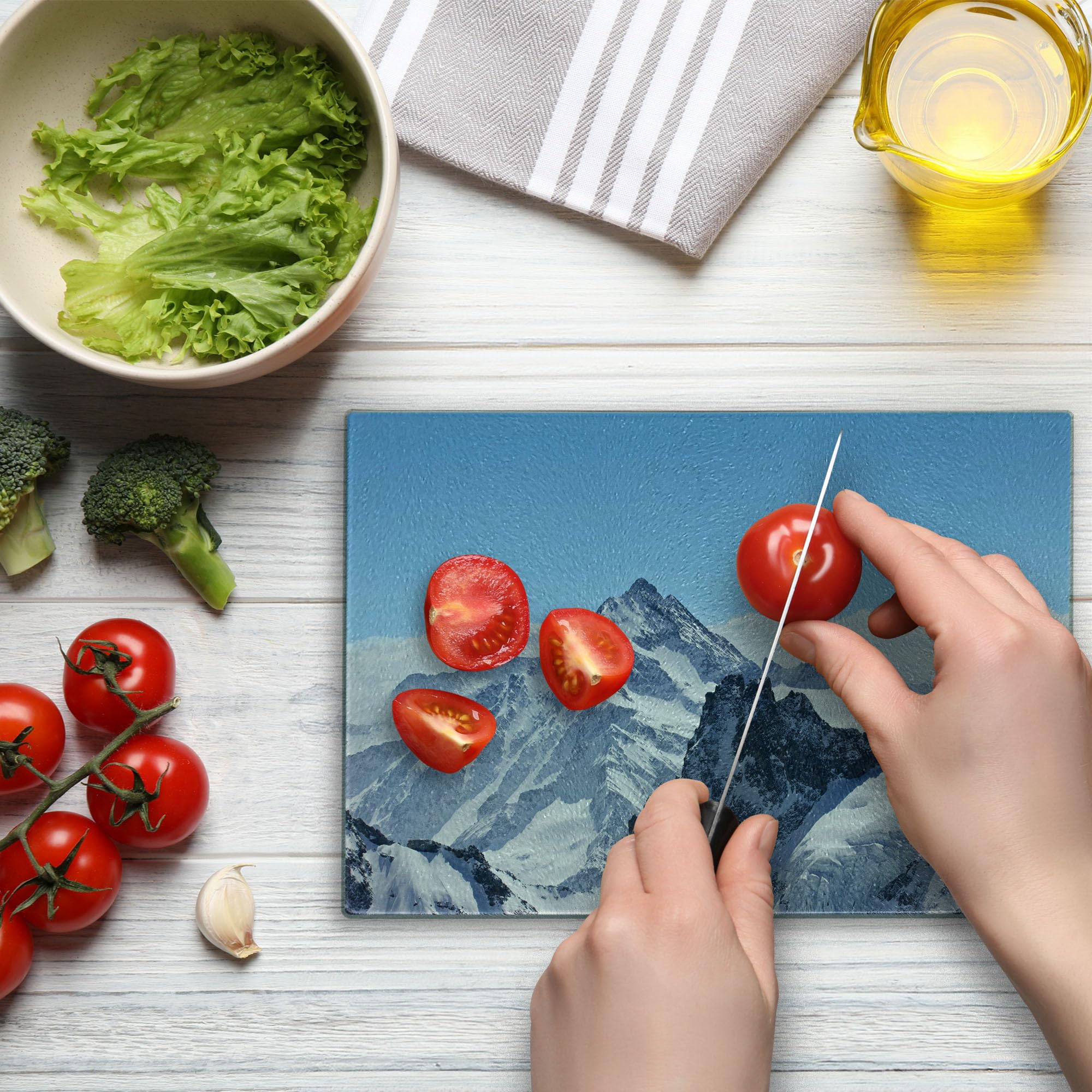 Ambesonne Winter Themed Tempered Glass Cutting Board - Snowy Rocky Mountain Peaks Landscape Design - Blue and White Decorative Serving Board for Cheese, Charcuterie & Entertaining - Small Size Kitchen Gift Idea