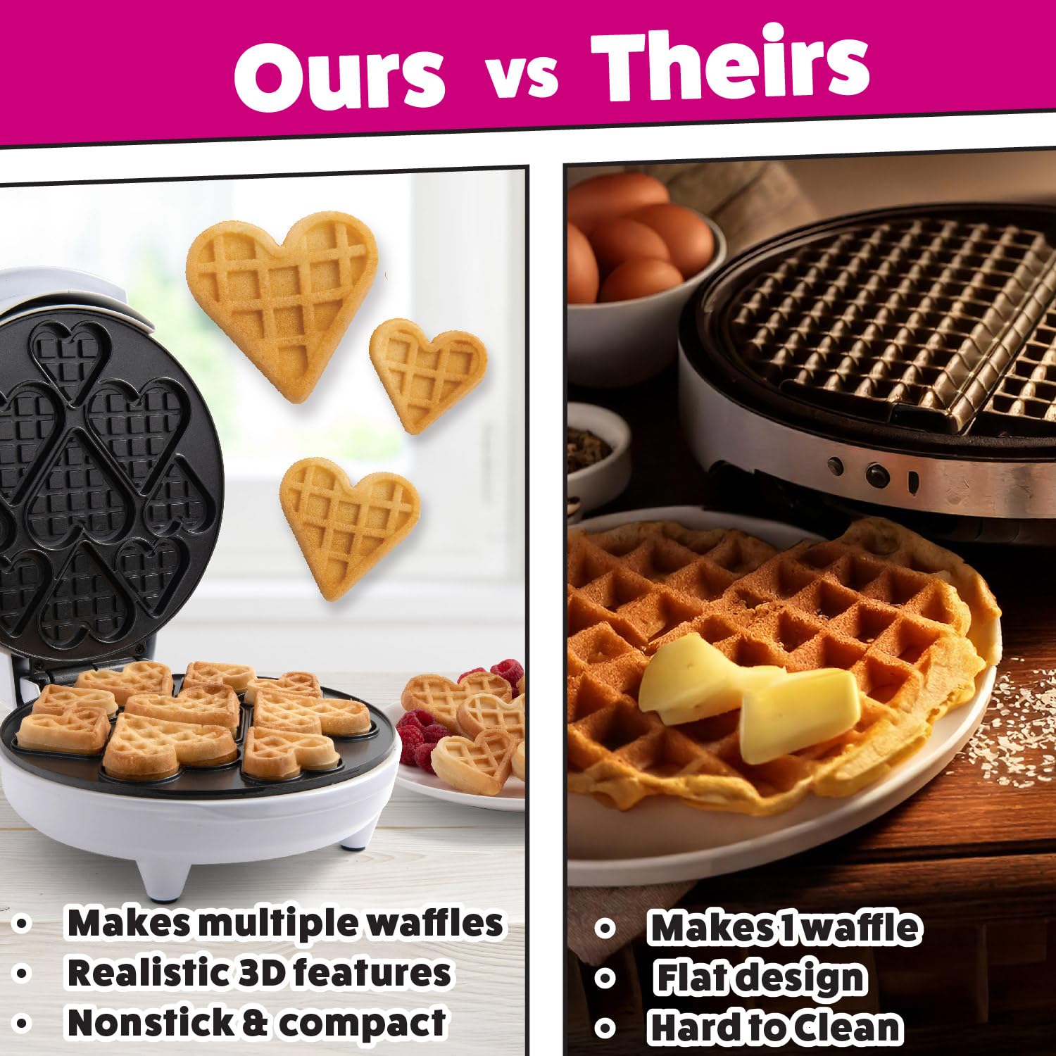 Mini Hearts Waffle Maker - Electric Nonstick Waffle Iron for 9 Heart-Shaped Waffles or Pancakes - Perfect Breakfast Treat for Kids & Adults - Includes Recipe Book - Great for Valentine's Day, Family Brunch, and Romantic Breakfast in Bed