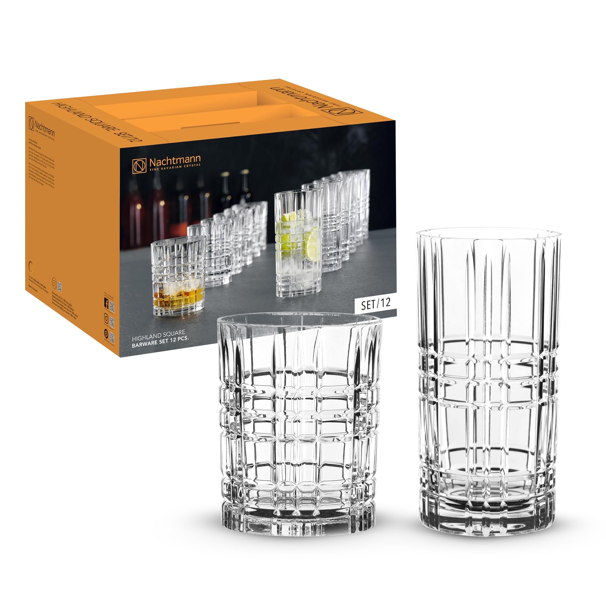 Nachtmann Square 12-Piece Crystal Drinkware Set - Highball & Lowball Glasses for Cocktails & Whiskey - Dishwasher Safe Barware - Perfect for Home Bars, Restaurants & Housewarming Gifts - Elegant Glassware for Entertaining & Special Occasions