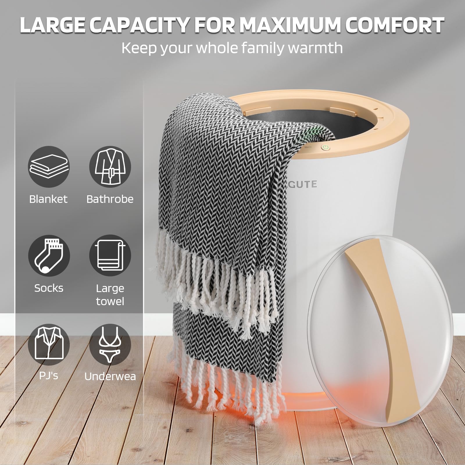 Lagute WiFi-Controlled Bathroom Towel Warmer Bucket with Timer, Alarm & RGB Lighting - Warm Beige | Luxury Spa, Hotel & Home Bathroom Accessory for Cozy Towels