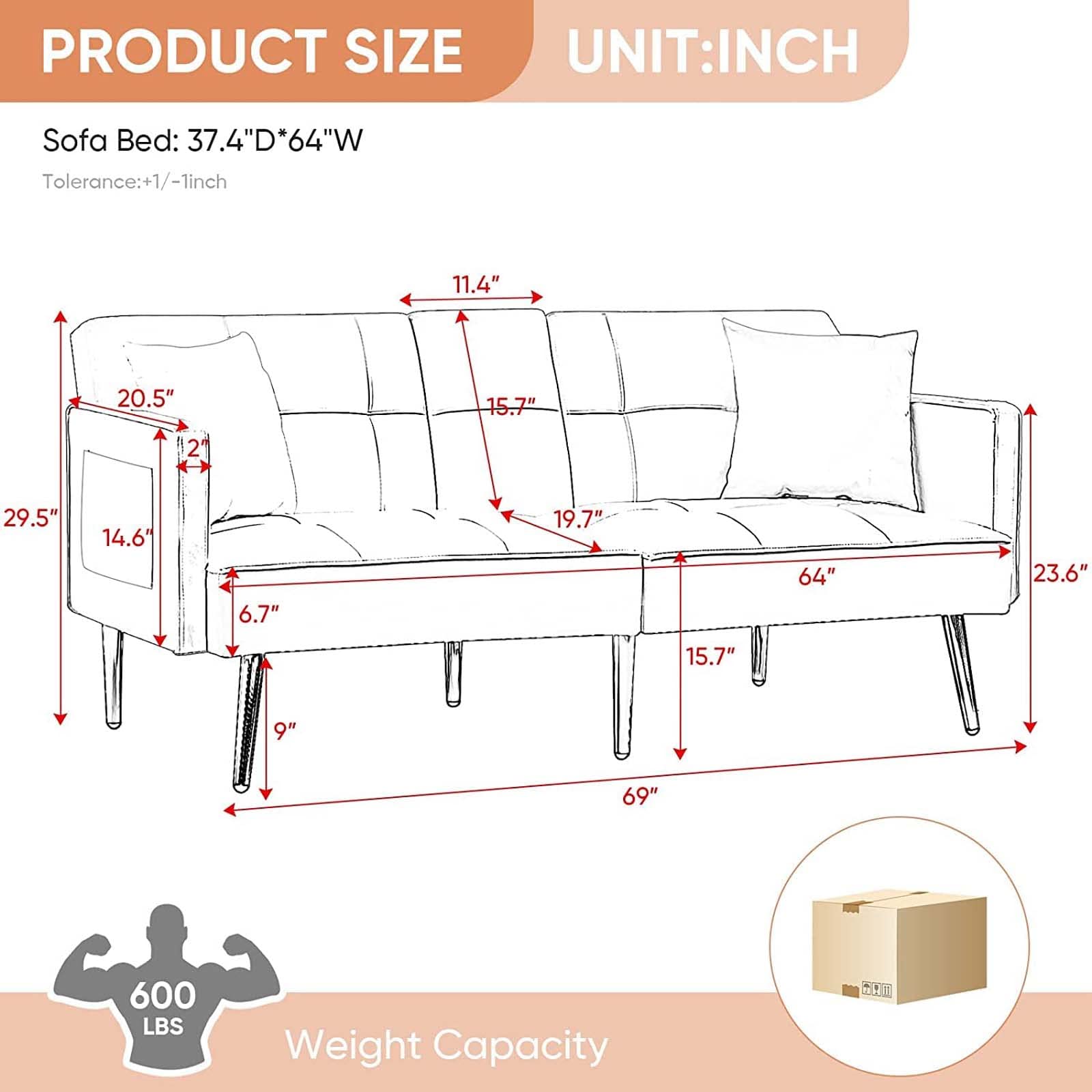 69'' Velvet Futon Sofa Bed - Modern Convertible Folding Sleeper Couch with Cup Holders & Armrests - White Loveseat for Living Room, Apartment & Office - Perfect for Small Spaces, Guest Rooms & Studio Apartments