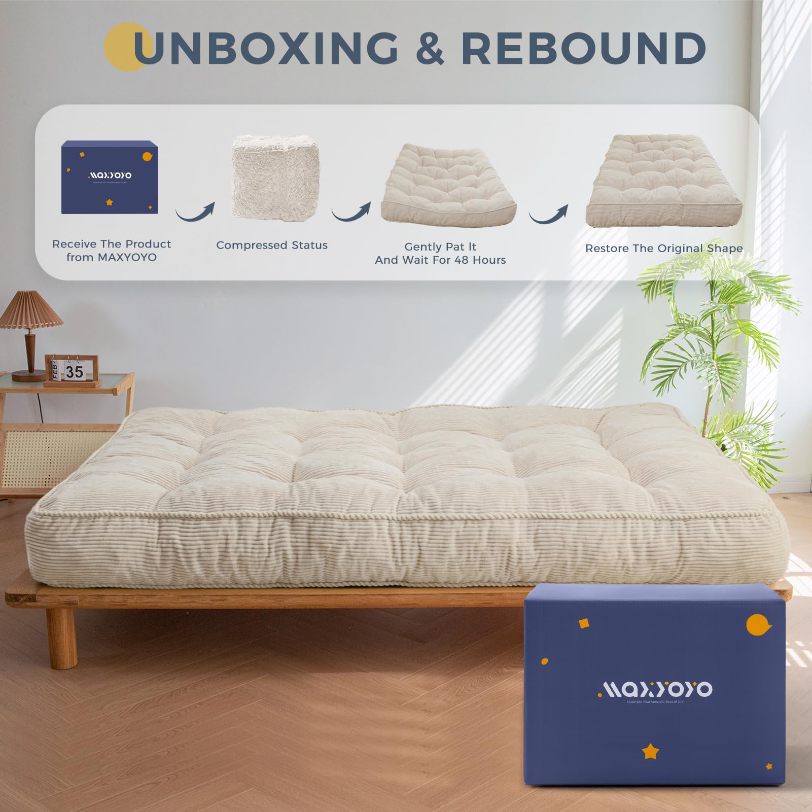 MAXYOYO 8 Inch Tufted Futon Sofa Bed - Thick Corduroy Fabric Floor Mattress for Adults (Mattress Only), Beige - Perfect for Small Spaces, Guest Rooms & Dorm Rooms