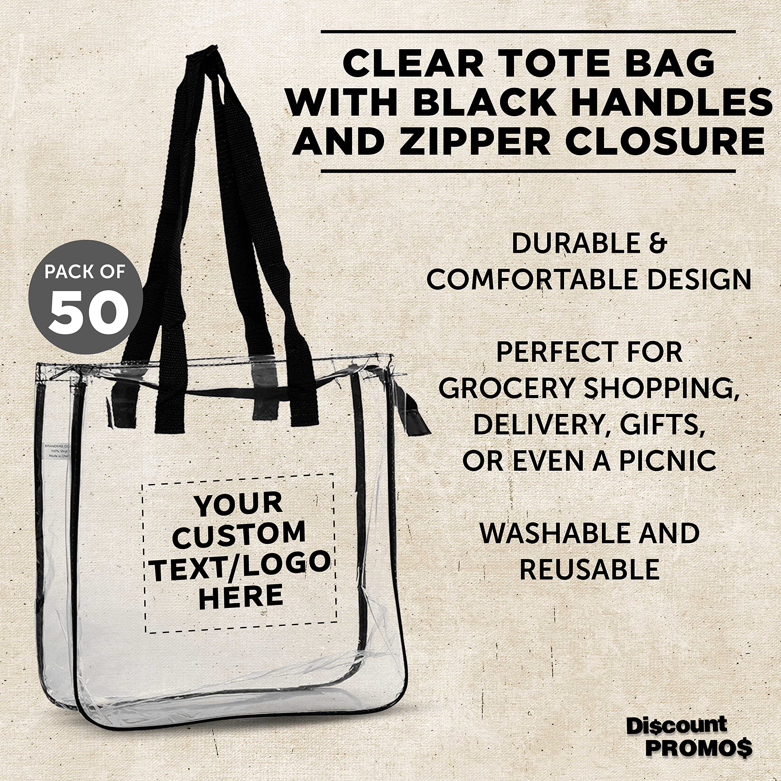Custom Clear Tote Bags Bulk Pack of 50 - Personalized Reusable Shopping Bags for Groceries, Beach, Picnic & Wedding Favors - Eco-Friendly Clear Plastic Tote Bags for Retail Stores, Events & Promotional Giveaways