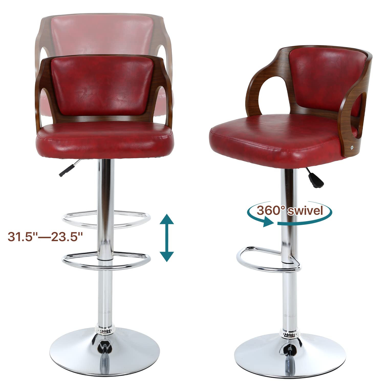 Dkelincs Adjustable Swivel Bar Stools Set of 2 - Counter Height Barstools with Backrest & Arms, Modern PU Leather Hydraulic Stool for Kitchen Island, Breakfast Bar & Dining Room - Red (Home & Commercial Use)