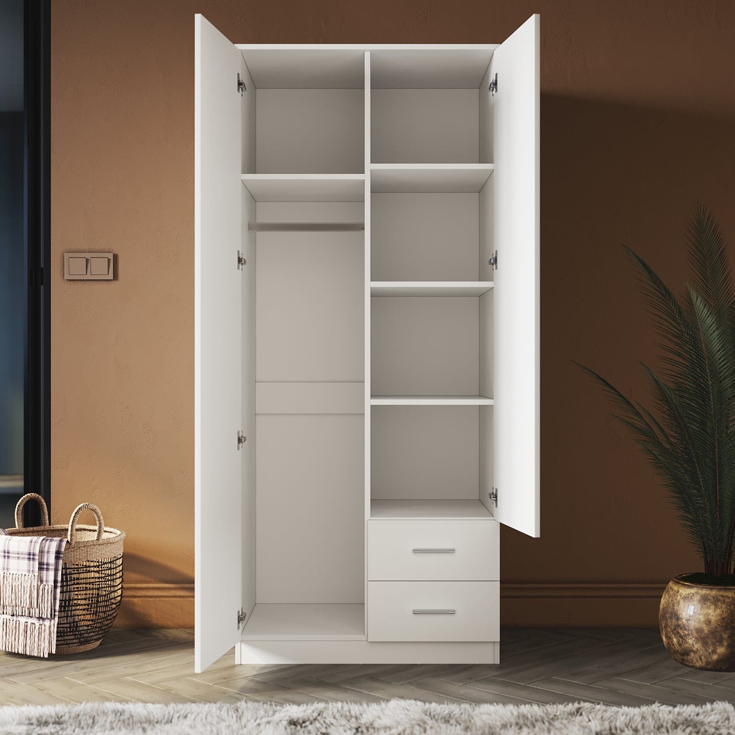 Elegant White Wooden Wardrobe - 2 Doors & 2 Drawers, 180cm Tall Storage Cabinet for Bedroom, Closet Organization & Home Decor