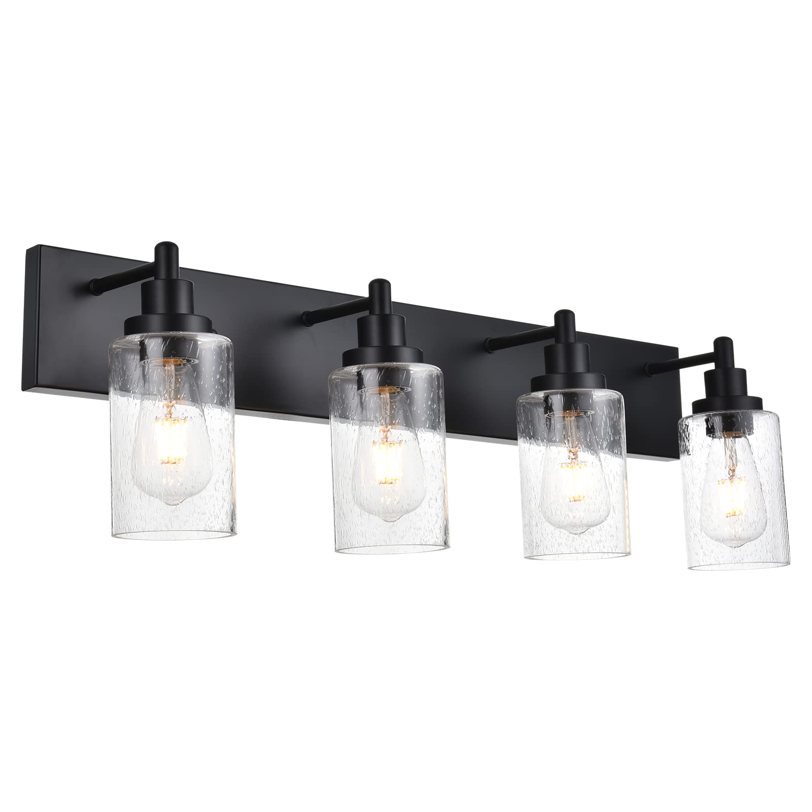 MELUCEE 4-Light Black Vanity Light Fixture with Seeded Glass Shade - E26 Base Wall Mount Bathroom Mirror Lighting for Bedroom, Kitchen & Hallway - Perfect for Modern Home Decor and Ambient Lighting
