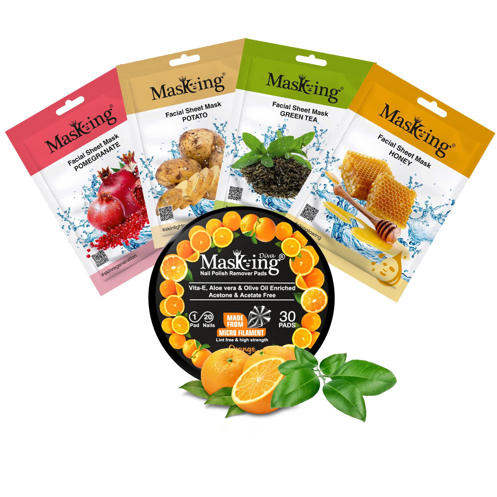 MasKing Beauty Facial Sheet Mask Set - Pomegranate, Potato, Green Tea & Honey for Hydration & Brightening | Combo Pack of 4 | Suitable for Women & Men | Perfect for Spa Day, Self-Care Routine & Gift Giving