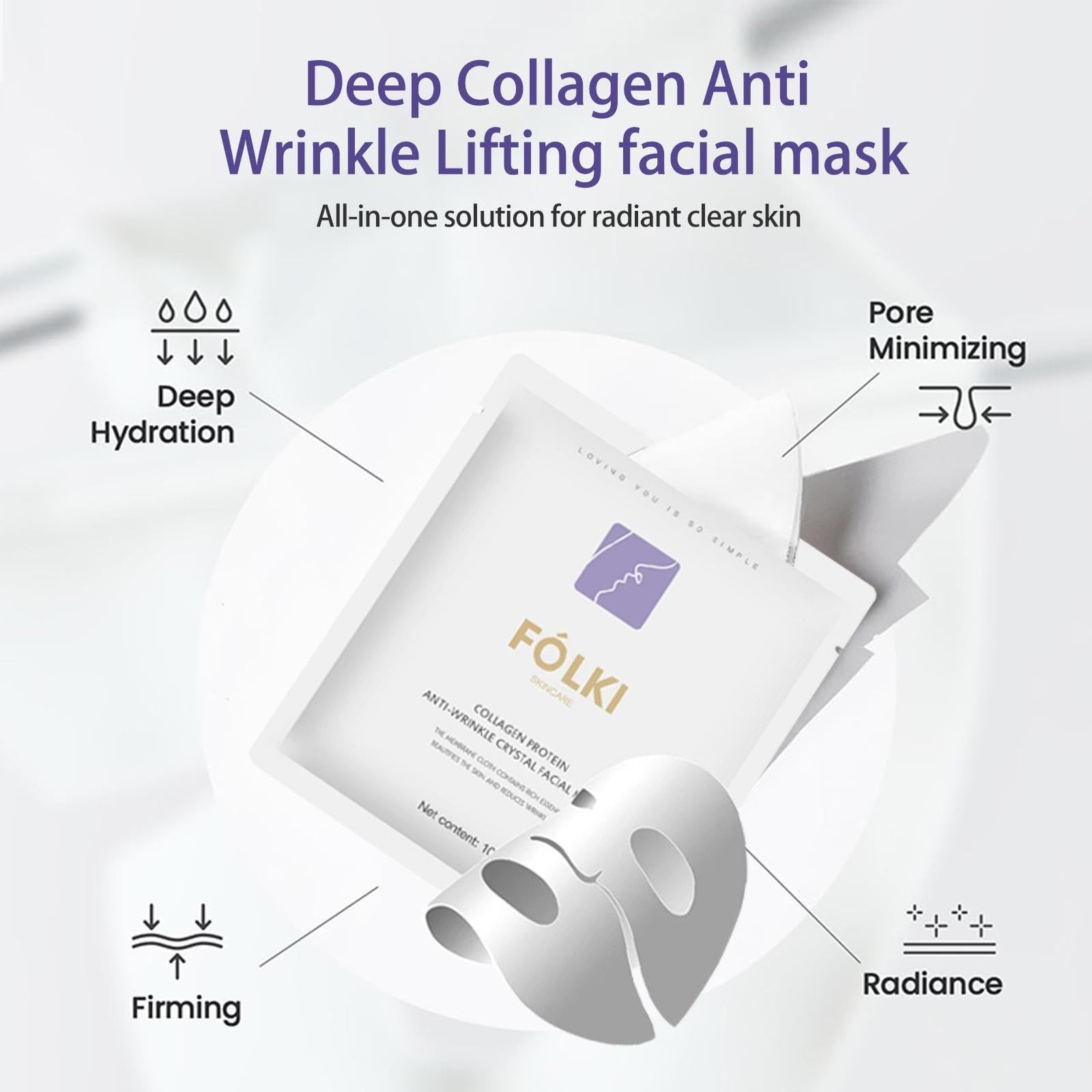 FOLKI Collagen Protein Face Mask with Hyaluronic Acid, Vitamin E & Niacinamide - Deep Moisturizing & Anti-Aging Treatment for All Skin Types - Hydrating Sheet Mask Set (4 Pack) - Perfect Gift for Women, Self-Care & Spa Night