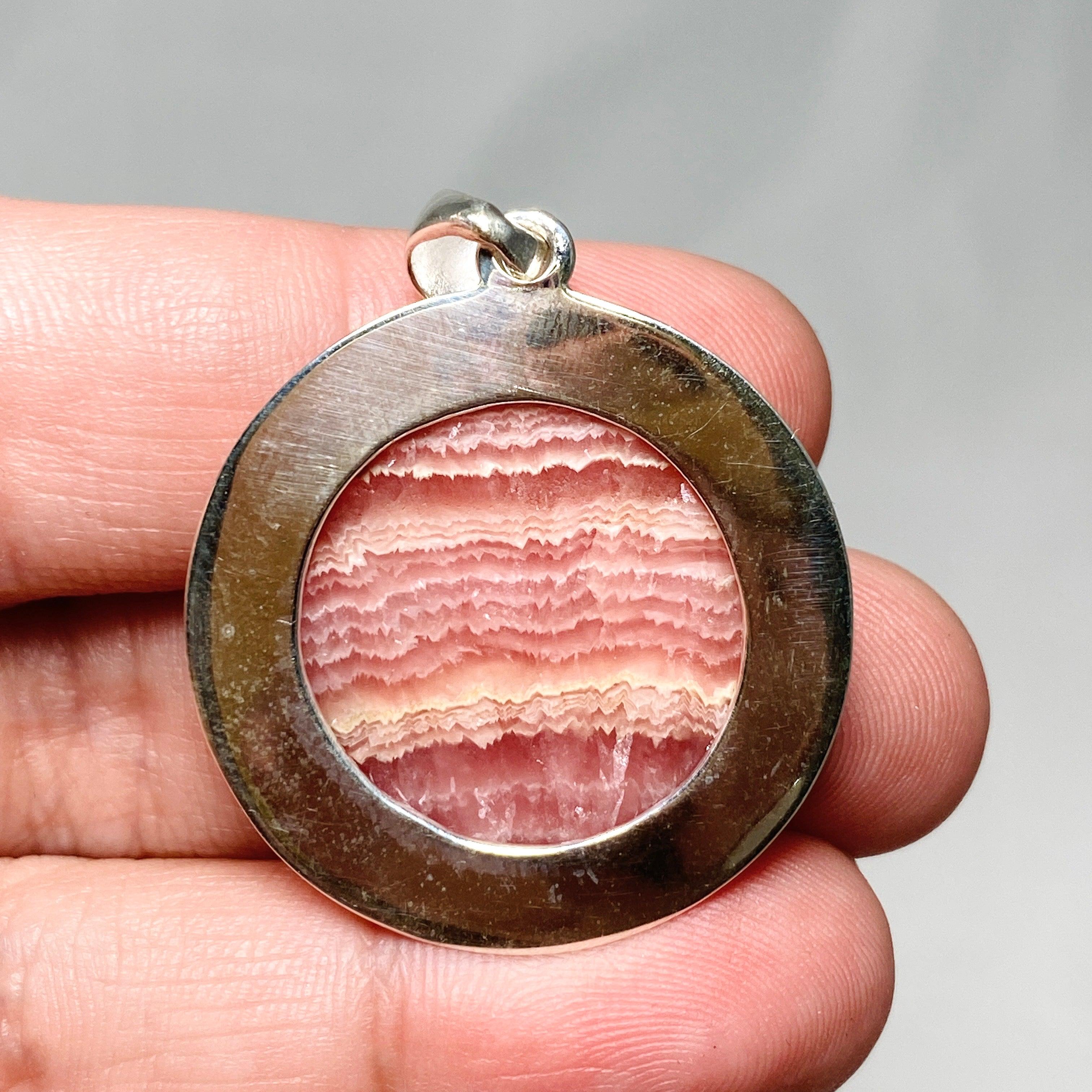 Rhodochrosite Round Pendant Necklace - Hammered Sterling Silver Setting KPGJ4321 | Healing Crystal Jewelry for Meditation & Energy Balancing