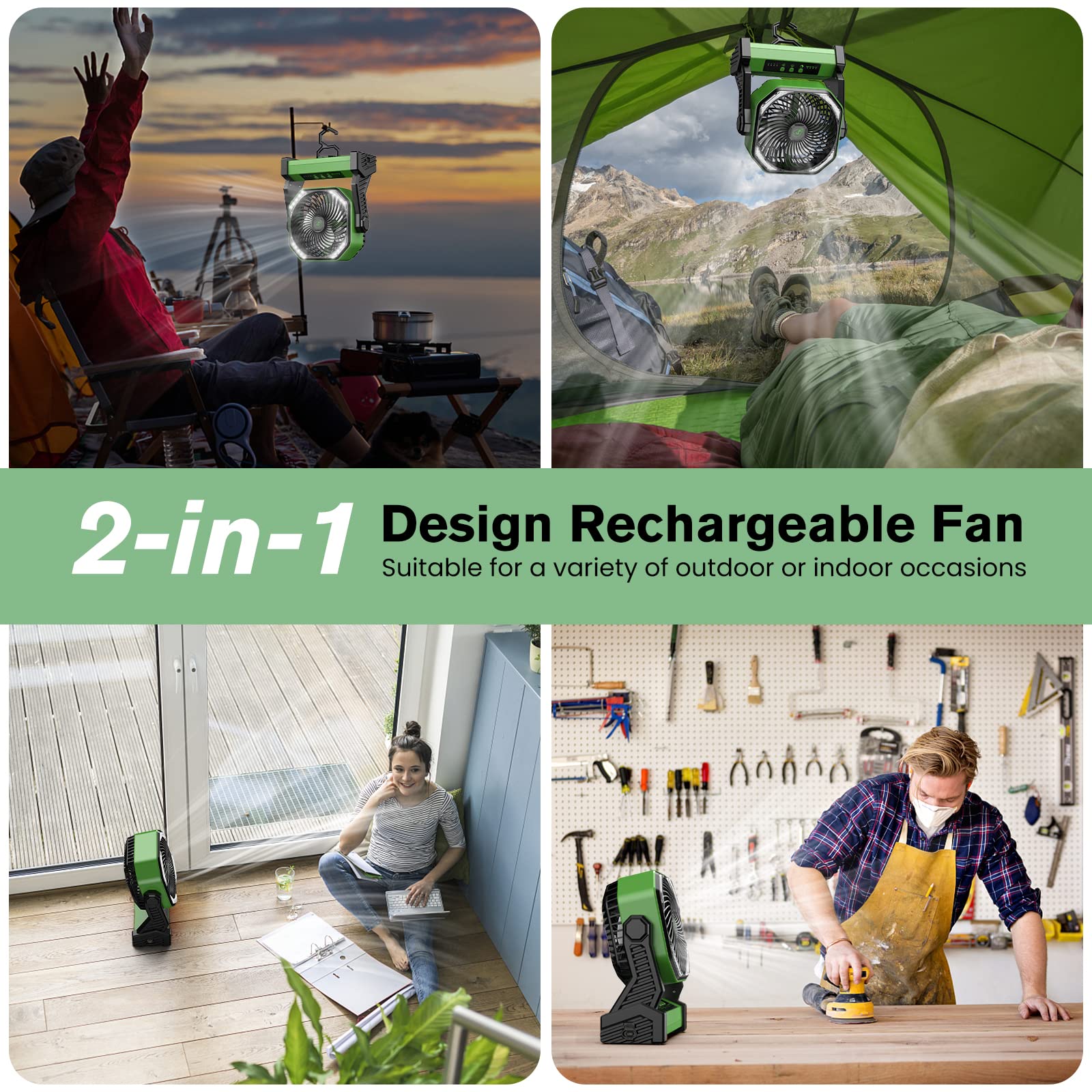 20000mAh Portable Fan with 16 LED Lights - Rechargeable Battery Operated Fan Lasts 58 Hours - Camping Fan & Lantern for Outdoor Adventures, Hiking, Backpacking, and Emergency Use - Green