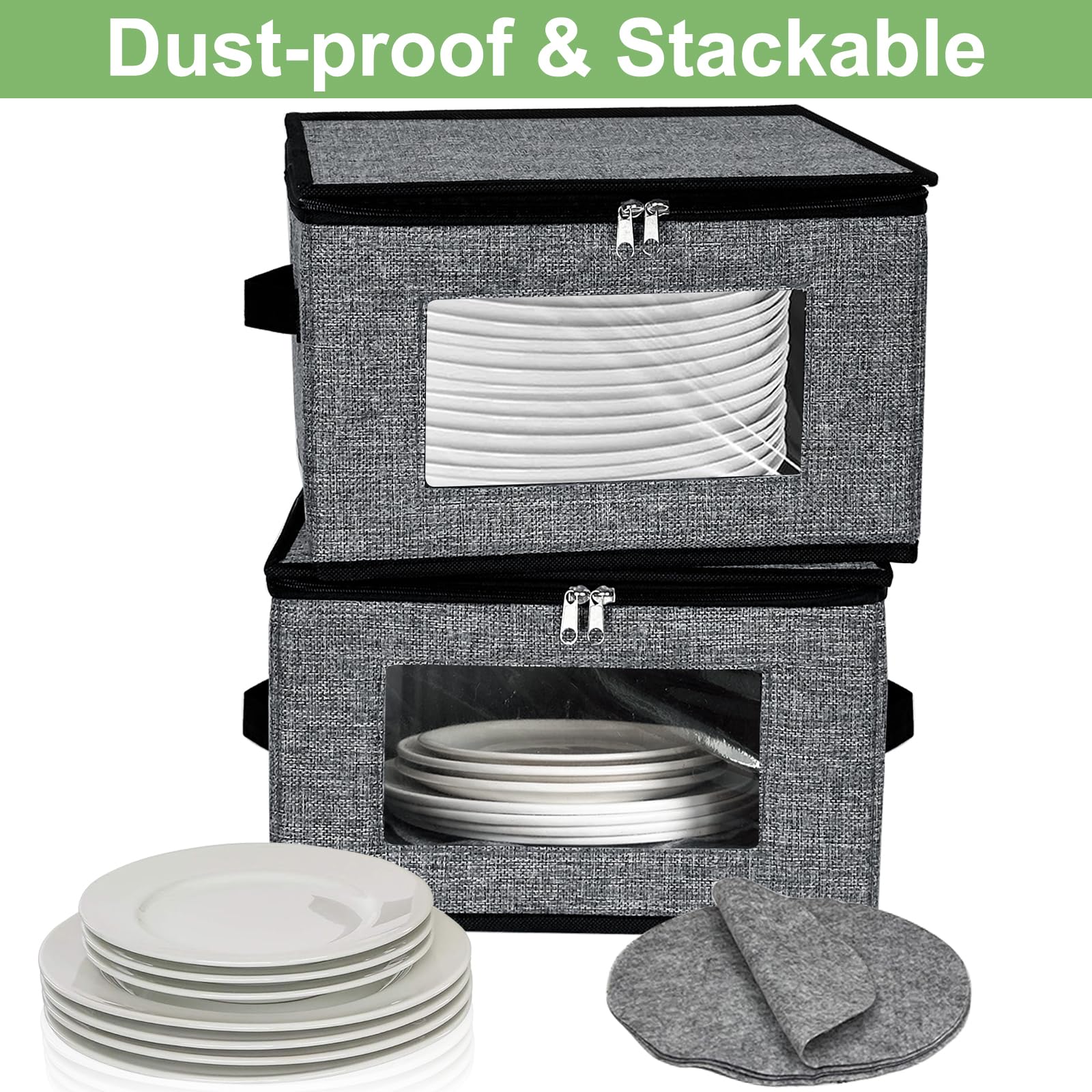 12 Inch Hard Shell Quilted Dinnerware Storage Box with Lids - Dish Plate Organizer for Kitchen, Moving & Home Organization - Dark Grey Storage Container for China, Dishes & Fragile Items