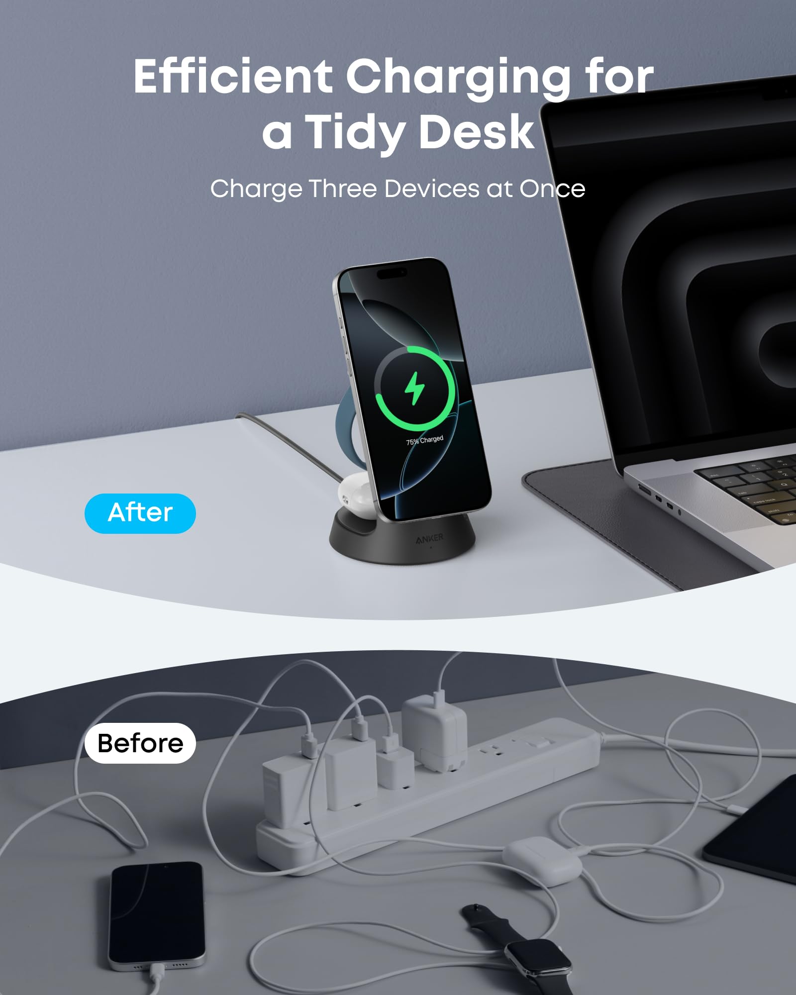 Anker MagGo 3-in-1 Magnetic Wireless Charging Station - Qi2 Certified 15W Fast Charger for iPhone 16/15/14/13/12 Series, Apple Watch & AirPods - Includes Power Adapter | Perfect for Home, Office & Travel Use