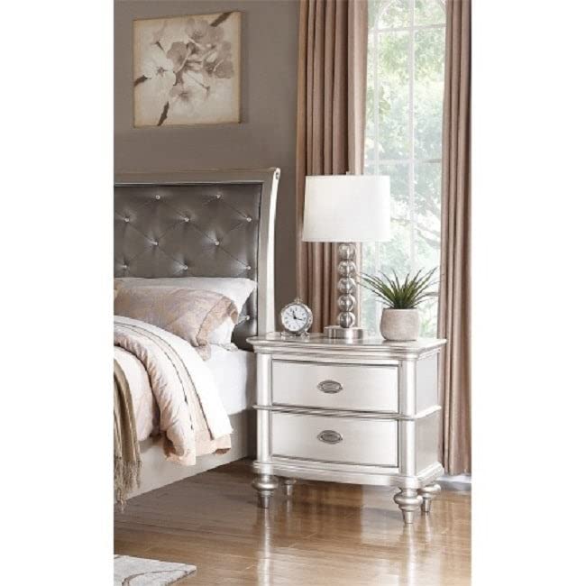 Antique Silver Modern Contemporary Wood Nightstand with 2 Drawers - MDF Polished Finish for Bedroom Furniture & Home Decor