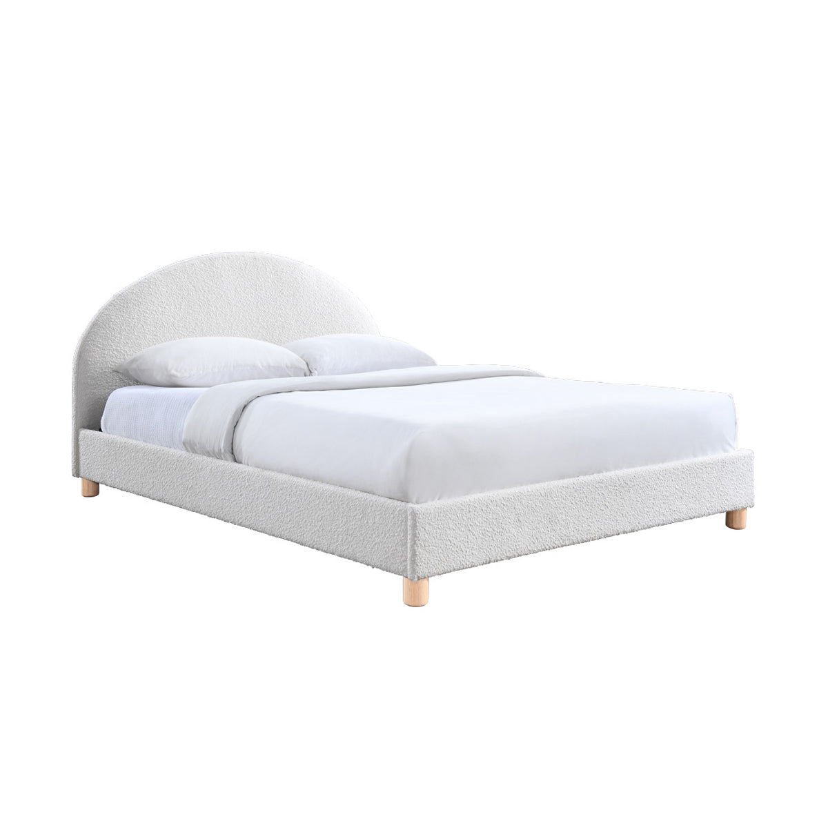 Archie Boucle Upholstered Queen Size Bed Frame - White Velvet Fabric Headboard & Footboard - Modern Luxury Bedroom Furniture for Master Bed, Guest Room, or Apartment
