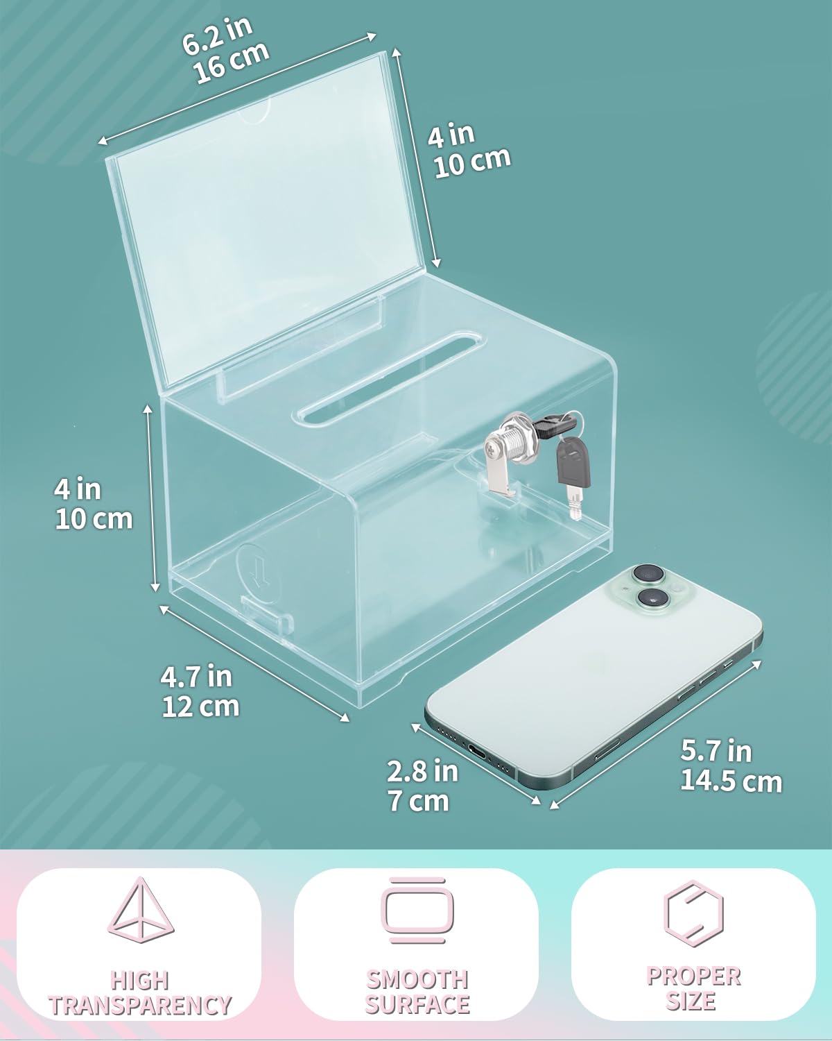 Uniclife Clear Acrylic Donation Box with Lock & Sign Holder - 6.2