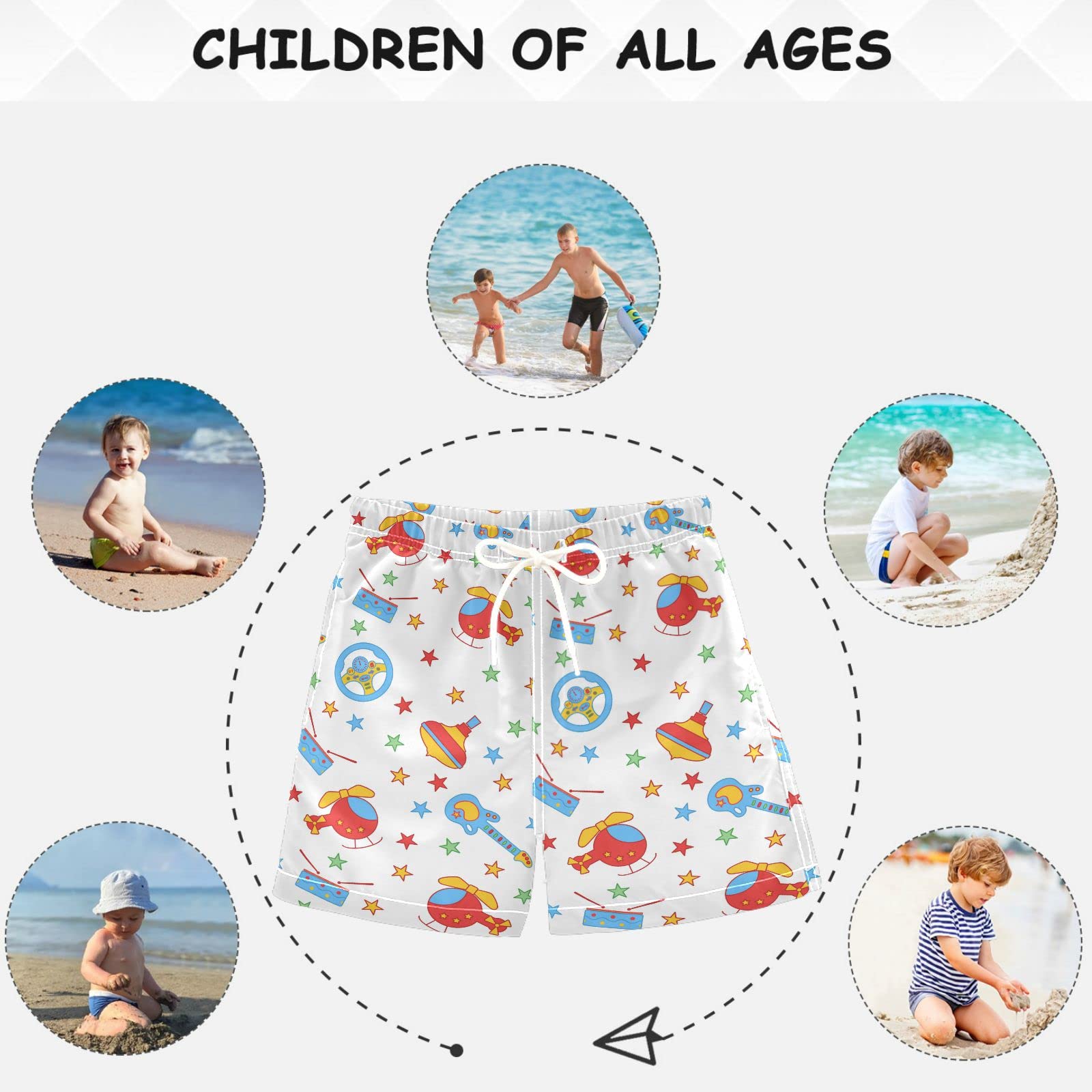 Visesunny Boys Swim Trunks - Helicopter Drum Guitar Toy Wheel Star Print Toddler Bathing Suit, Quick-Dry Sports Board Shorts for Kids Beach, Pool & Summer Water Play