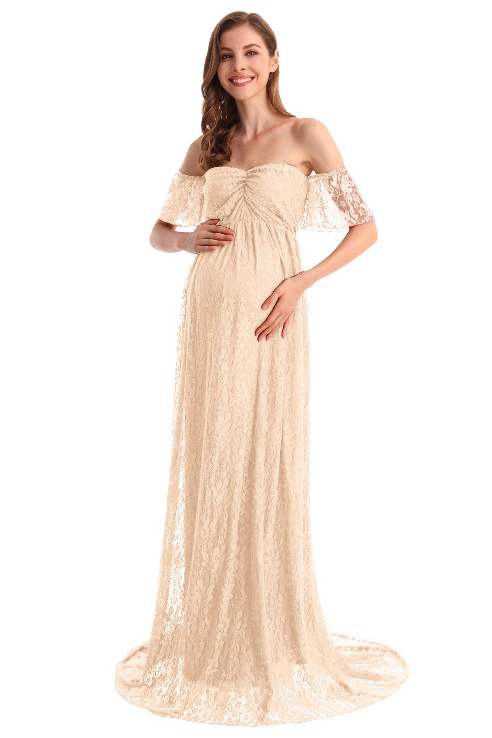HIHCBF Women's Bohemian Lace Maternity Wedding Dress - Off-Shoulder Ruffle Sleeves for Baby Shower, Pregnancy Photo Shoot & Bridal Gown | Perfect for Beach Weddings, Maternity Photography & Special Occasions