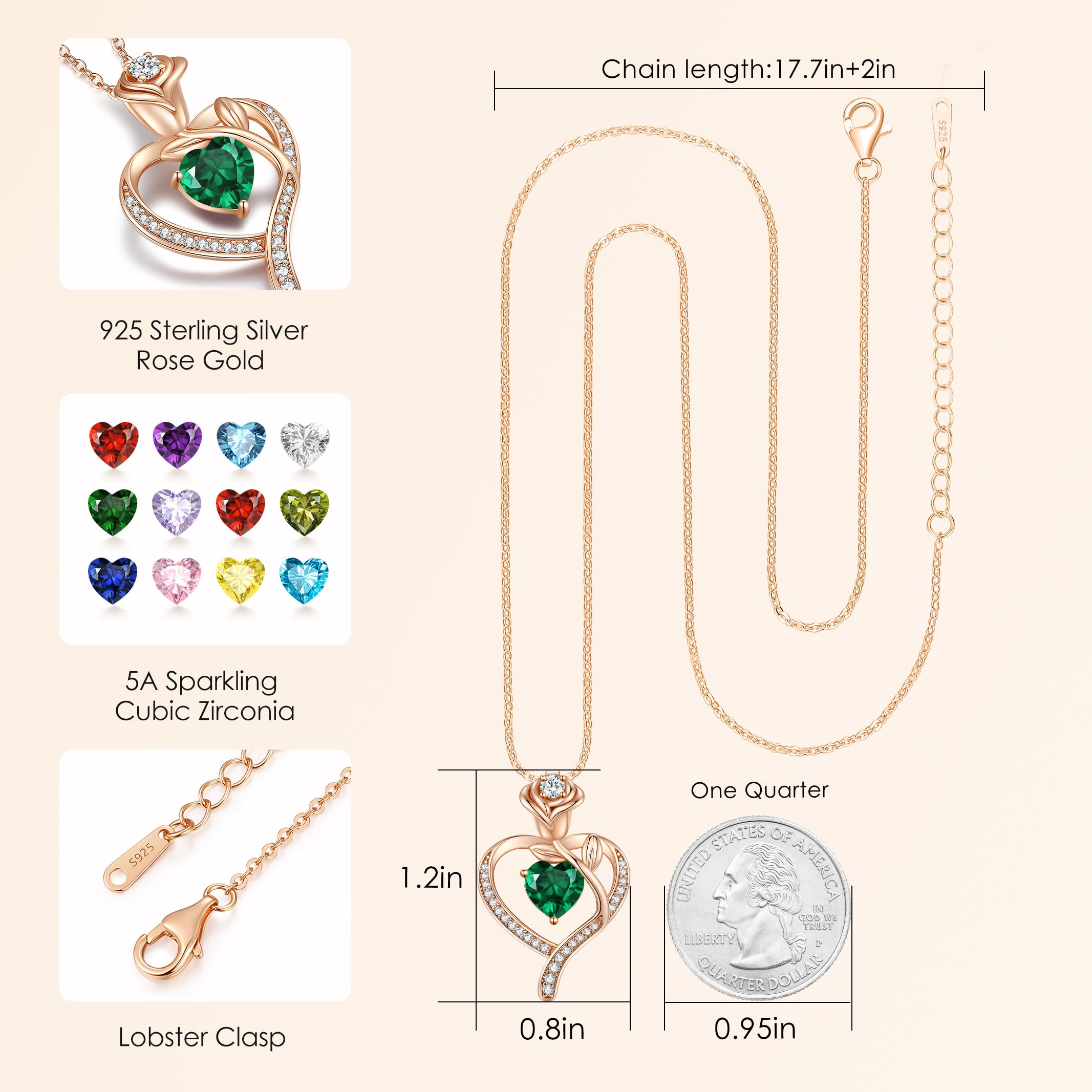 LOUISA SECRET 925 Sterling Silver Rose Flower Heart Birthstone Necklace for Women - Elegant Pendant Jewelry for Wife, Mom, Girlfriend | Perfect Birthday, Anniversary & Christmas Gift for Her | Ideal for Date Nights, Weddings & Special Occasions