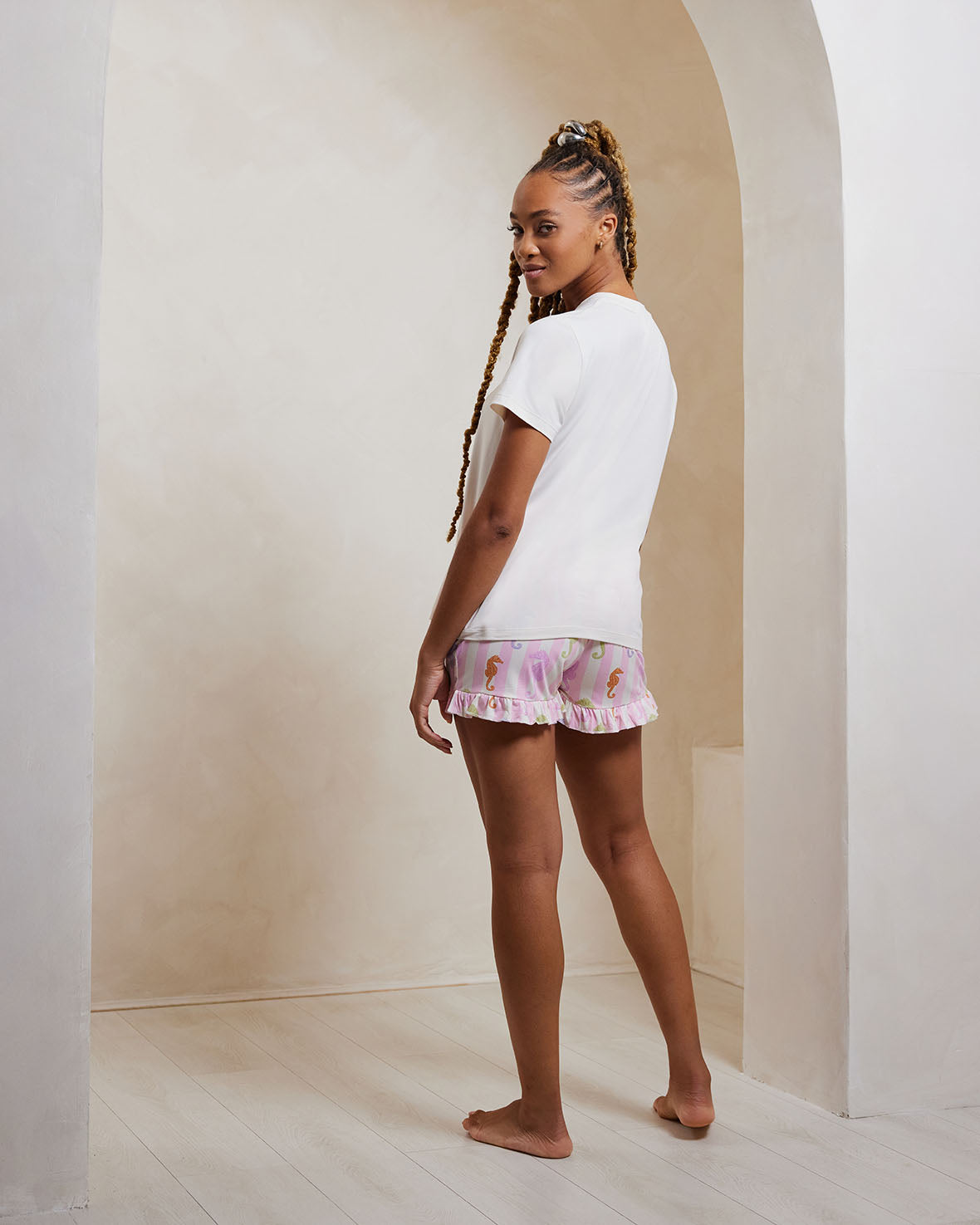 Seahorse Stripe Print Short Sleeve Pajama Set for Women - Soft Cotton Sleepwear for Summer Nights & Lounge Wear