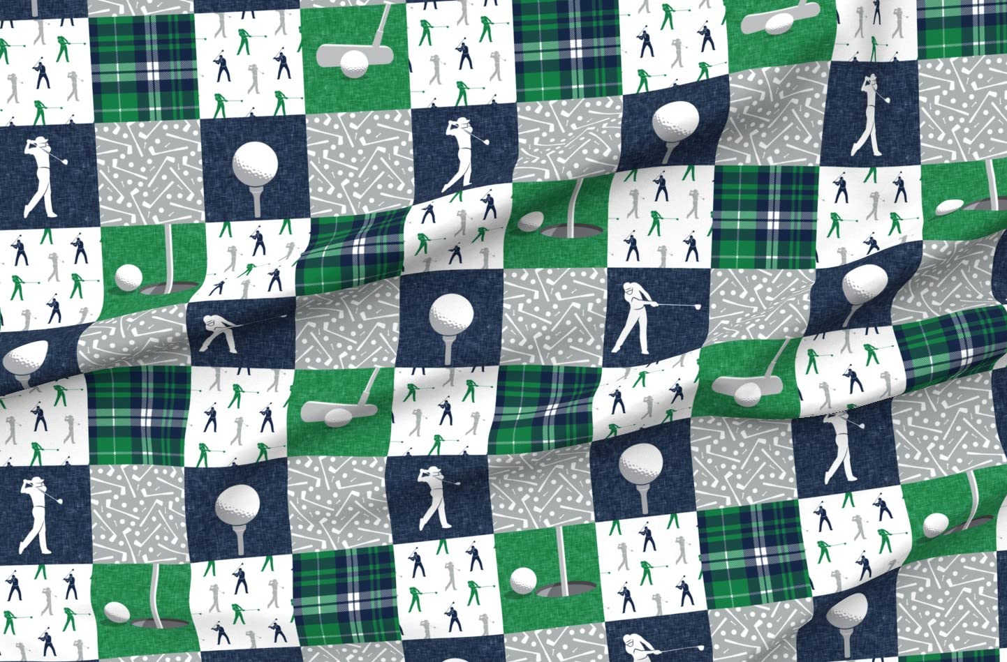 Golf Themed Printed Minky Fabric by The Yard - Green Navy Plaid Sports Design for Sewing Baby Blankets, Quilt Backing & Plush Toys - Perfect for Golf Lovers & DIY Craft Projects