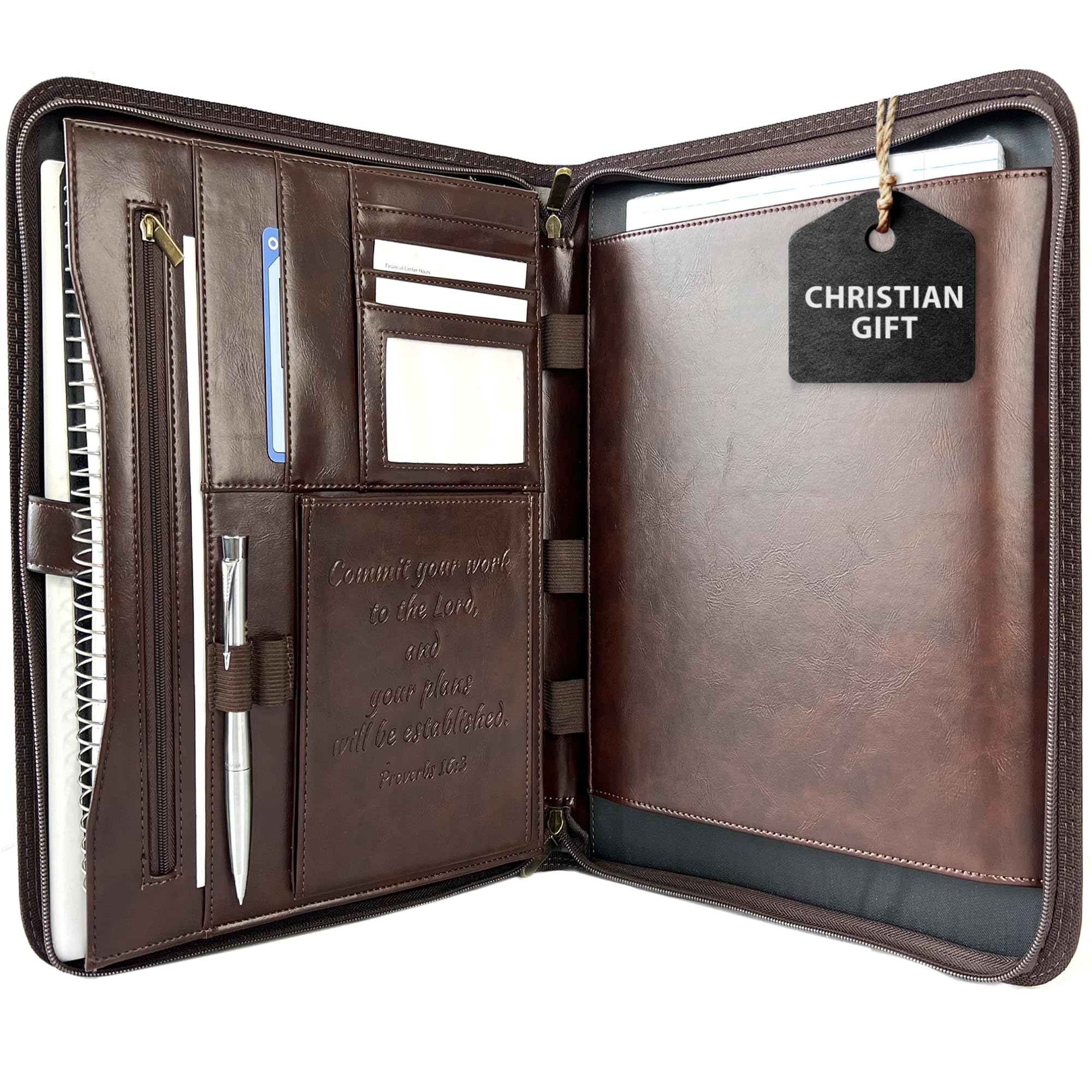 Premium DEHITE Leather Portfolio for Men & Women - Christian Religious Gifts, Zippered Bible Notebook Organizer with Laptop Pocket - Full Grain Brown Leather Padfolio - Perfect for Church, Bible Study, Business Meetings & Office Organization (Letter Size)