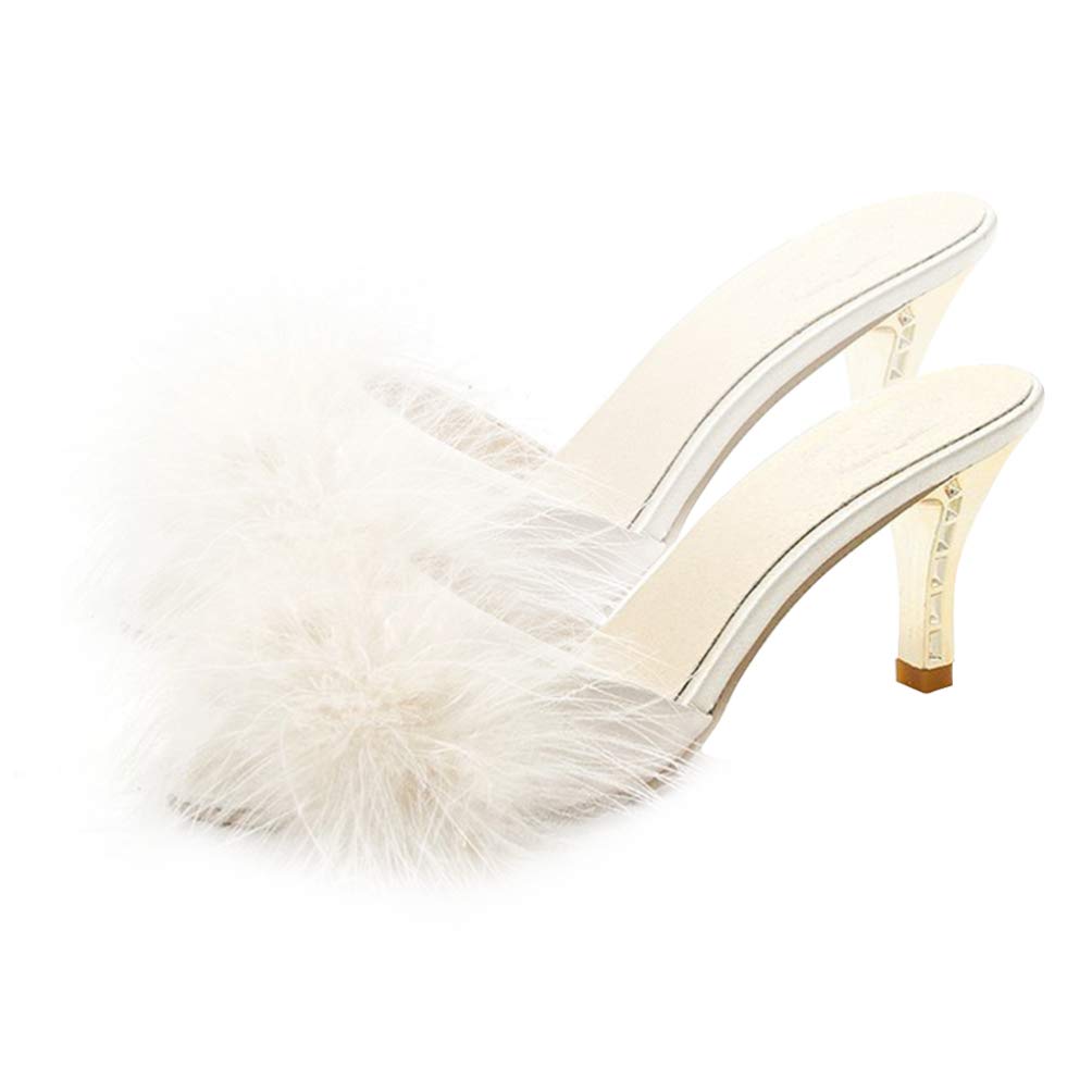Women's White Faux Fur Kitten Heel Mule Sandals - Open Toe Backless Summer Slides for Casual Wear, Date Night & Home Comfort