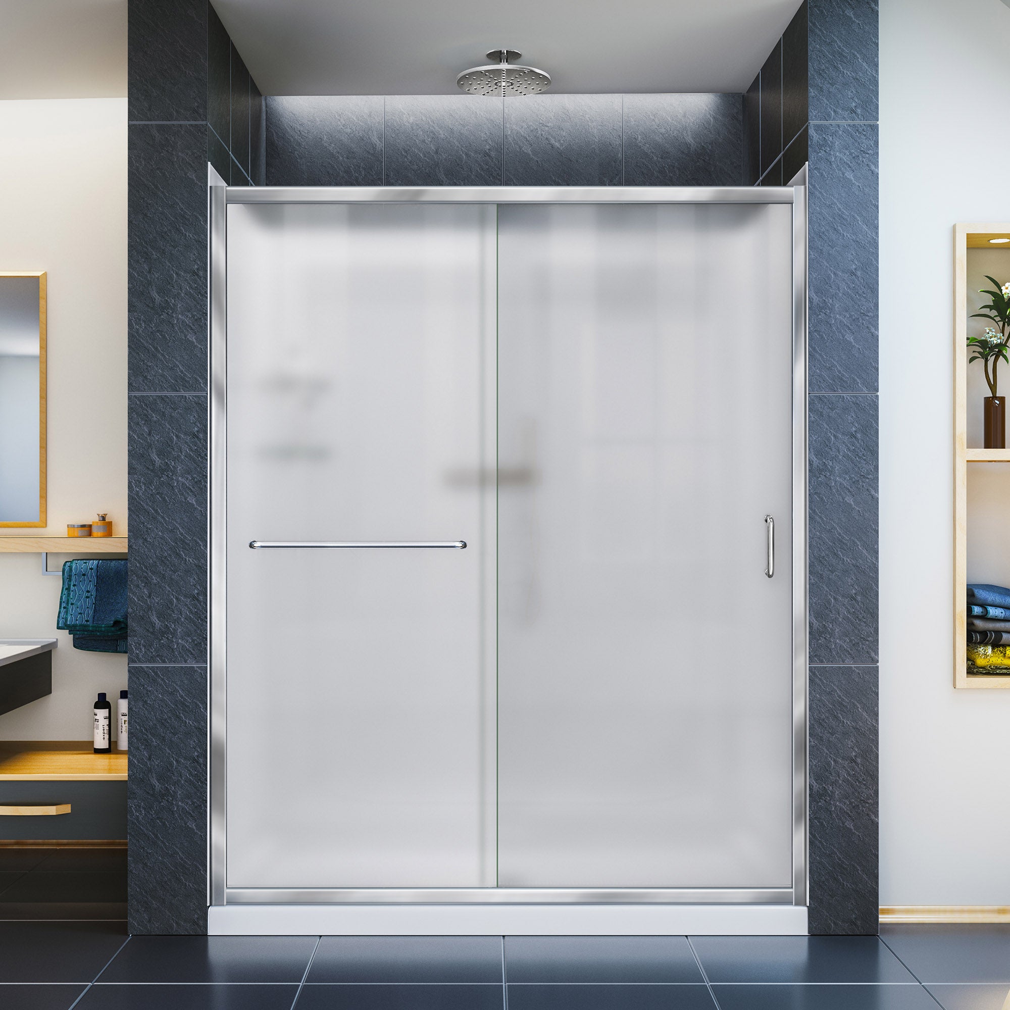 DreamLine Infinity Z 34x60x76.75 Inch Semi-Frameless Sliding Shower Door with Shower Base & QWALL 5 Backwall Kit - Frosted Glass for Modern Bathroom Renovation & Spa-Like Shower Experience