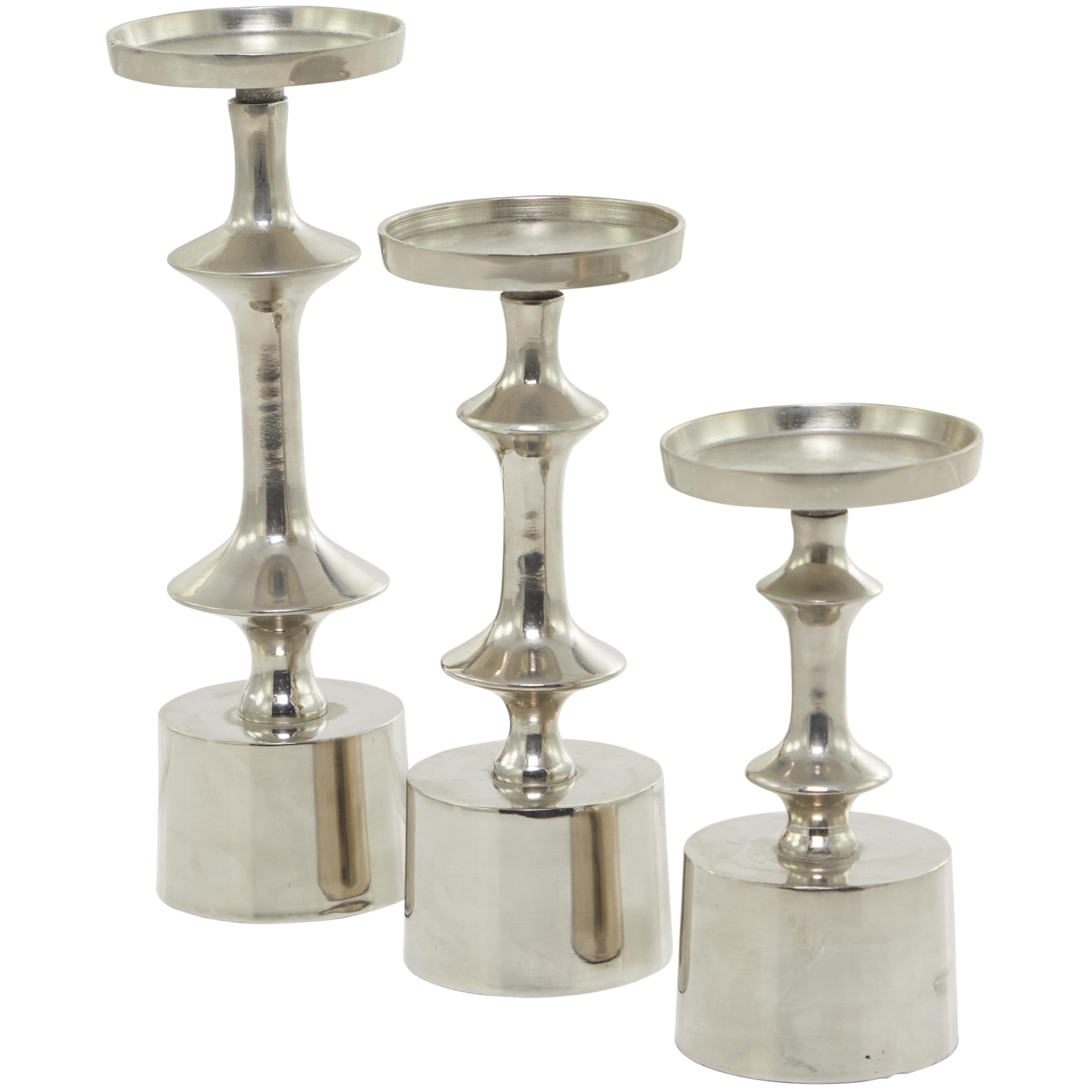 CosmoLiving by Cosmopolitan Decorative Aluminum Metal Candle Holder Set - 3 Silver Pillar Candle Stands (10