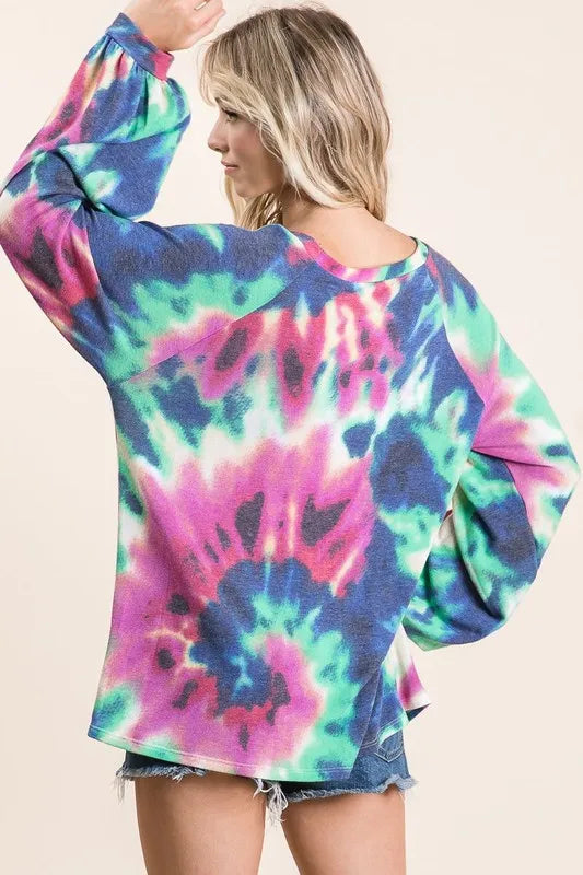 BiBi Tie Dye Print Terry Top with Puff Sleeves | Women's Fashion Casual Shirt | Perfect for Summer Outfits, Beach Wear & Music Festivals