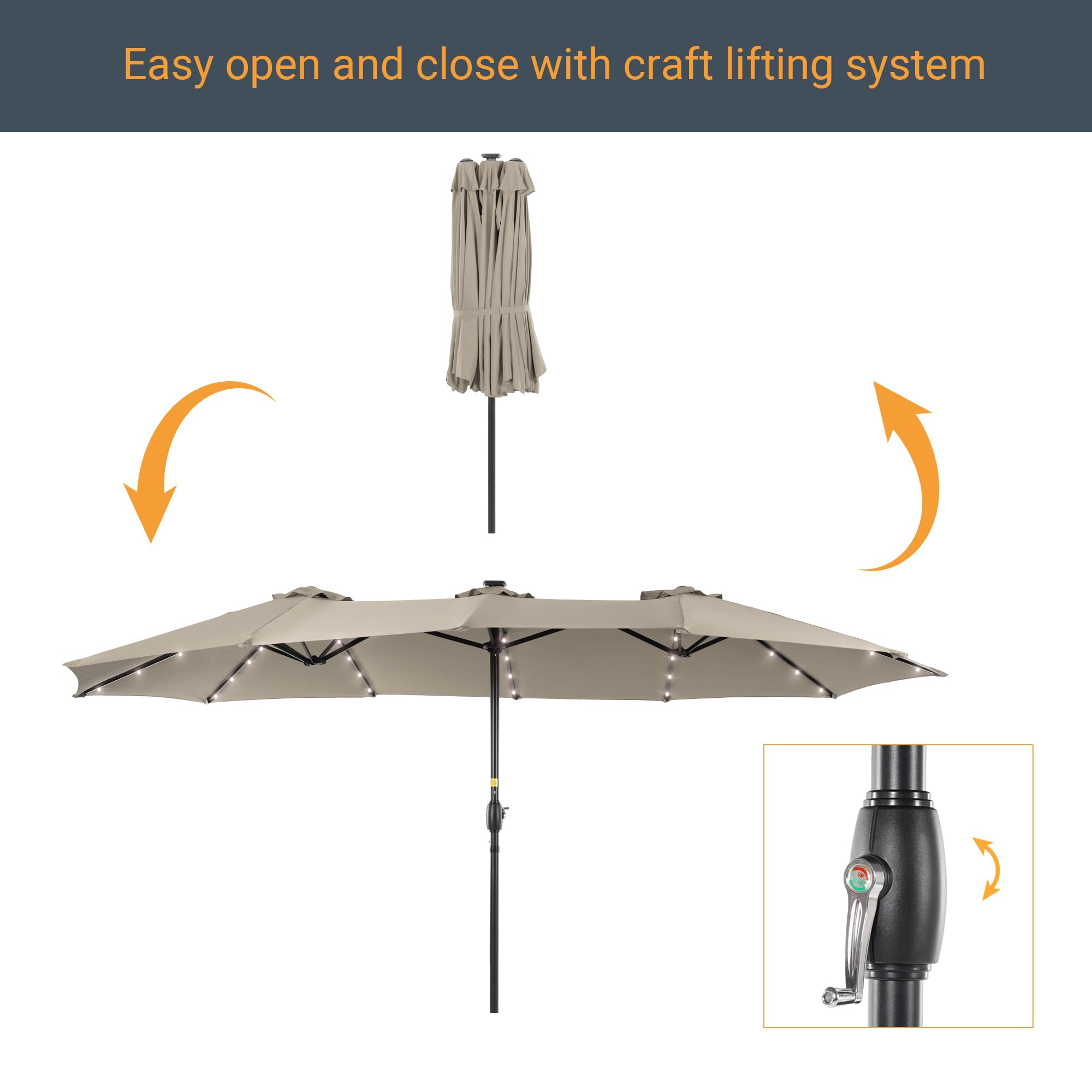 15ft Large Outdoor Patio Umbrella with Solar Lights - Double-Sided Rectangle Market Umbrella with 12 Sturdy Ribs & UV Protection - Perfect for Garden, Deck, Backyard, Poolside (Base Not Included) | Durable Shade Solution for Outdoor Dining, Lounging & Entertaining