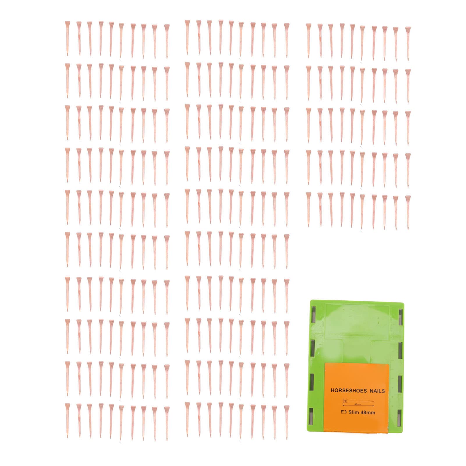 250Pcs Copper Plated Horseshoe Nails for Farrier & Livestock Care - 48mm/1.89in E3slim Size with Plastic Storage Box - Ideal for Horse Shoeing, Hoof Trimming & Ranch Maintenance