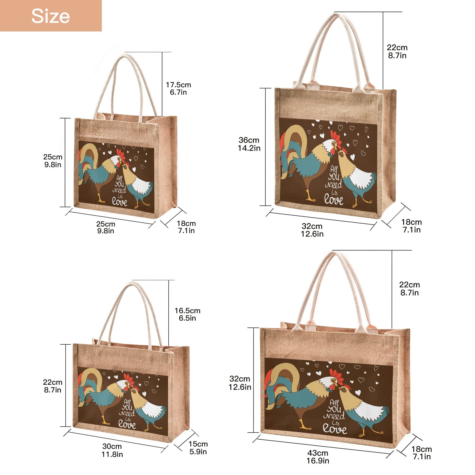 Linqin Rooster and Chicken Jute Tote Bag - Waterproof Reusable Grocery Shopping Bag with Sturdy Handles for Farmers Market, Beach, Travel & Daily Use | Eco-Friendly Cotton Canvas Carryall for Women & Men
