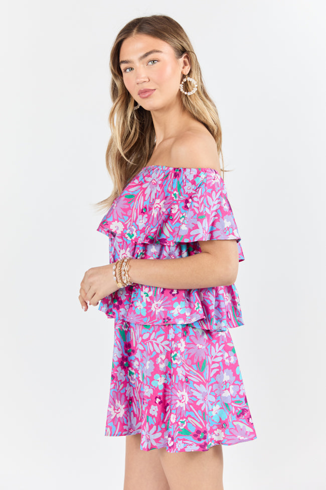 Pink Floral Printed Off-The-Shoulder Mini Dress - Women's Summer Party Cocktail Dress for Beach Vacation & Date Night