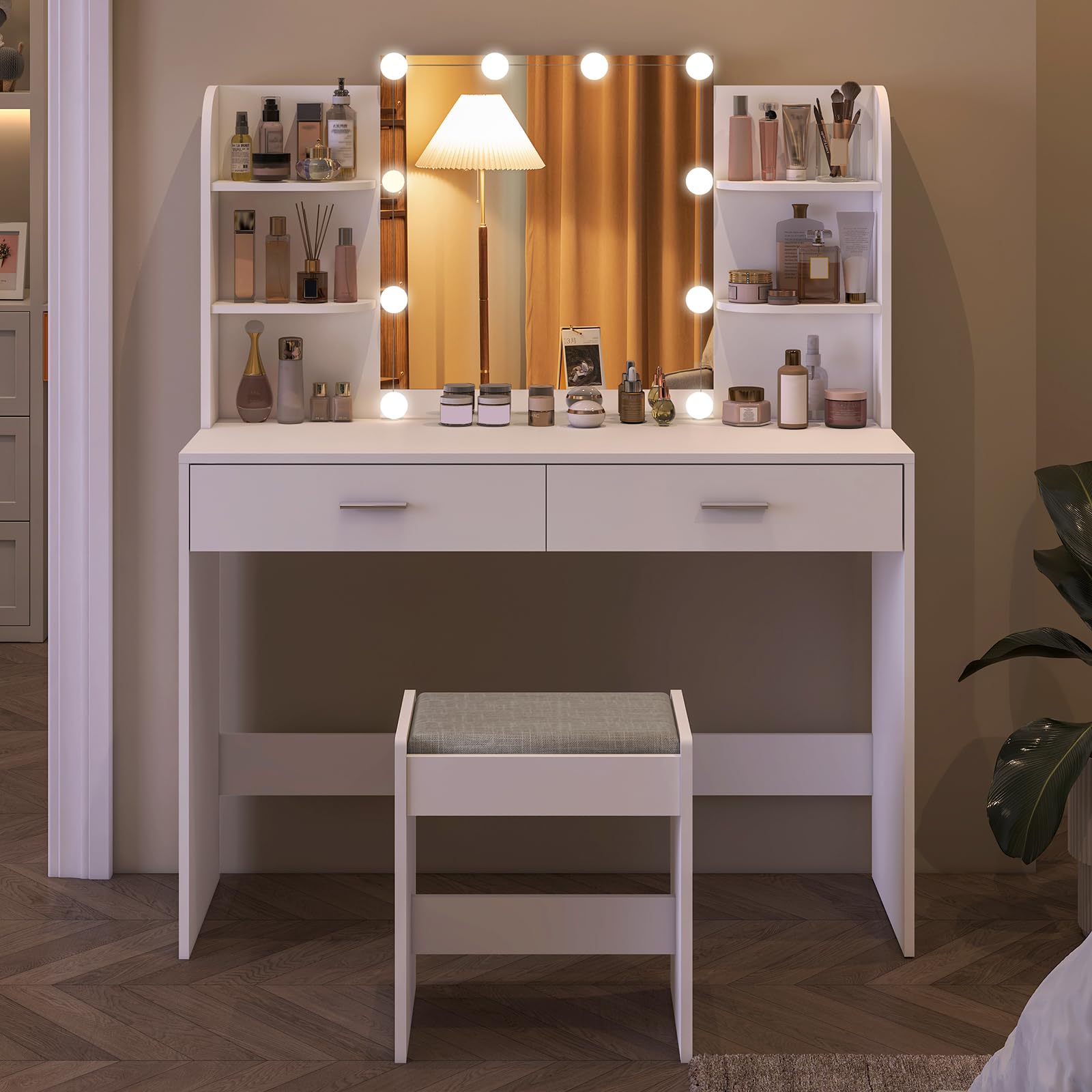 USIKEY White Makeup Vanity Set with LED Mirror & 10 Lights, 2 Drawers & Open Shelves - Dressing Table with Cushioned Stool for Bedroom, Bathroom & Beauty Salon | Perfect for Makeup Application & Skincare Routine