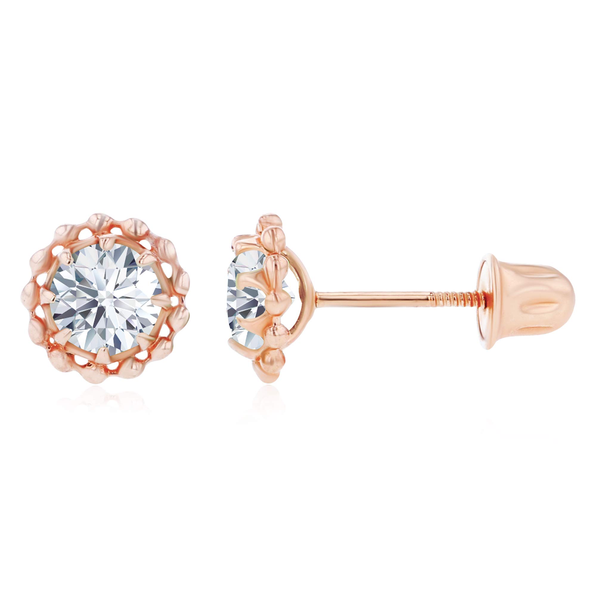 14K Gold Textured Halo Birthstone Stud Earrings for Women | 6mm & 4mm Round Natural Birthstones | Screw Back Earrings for Sensitive Ears | Perfect for Gifts, Anniversaries & Everyday Elegance