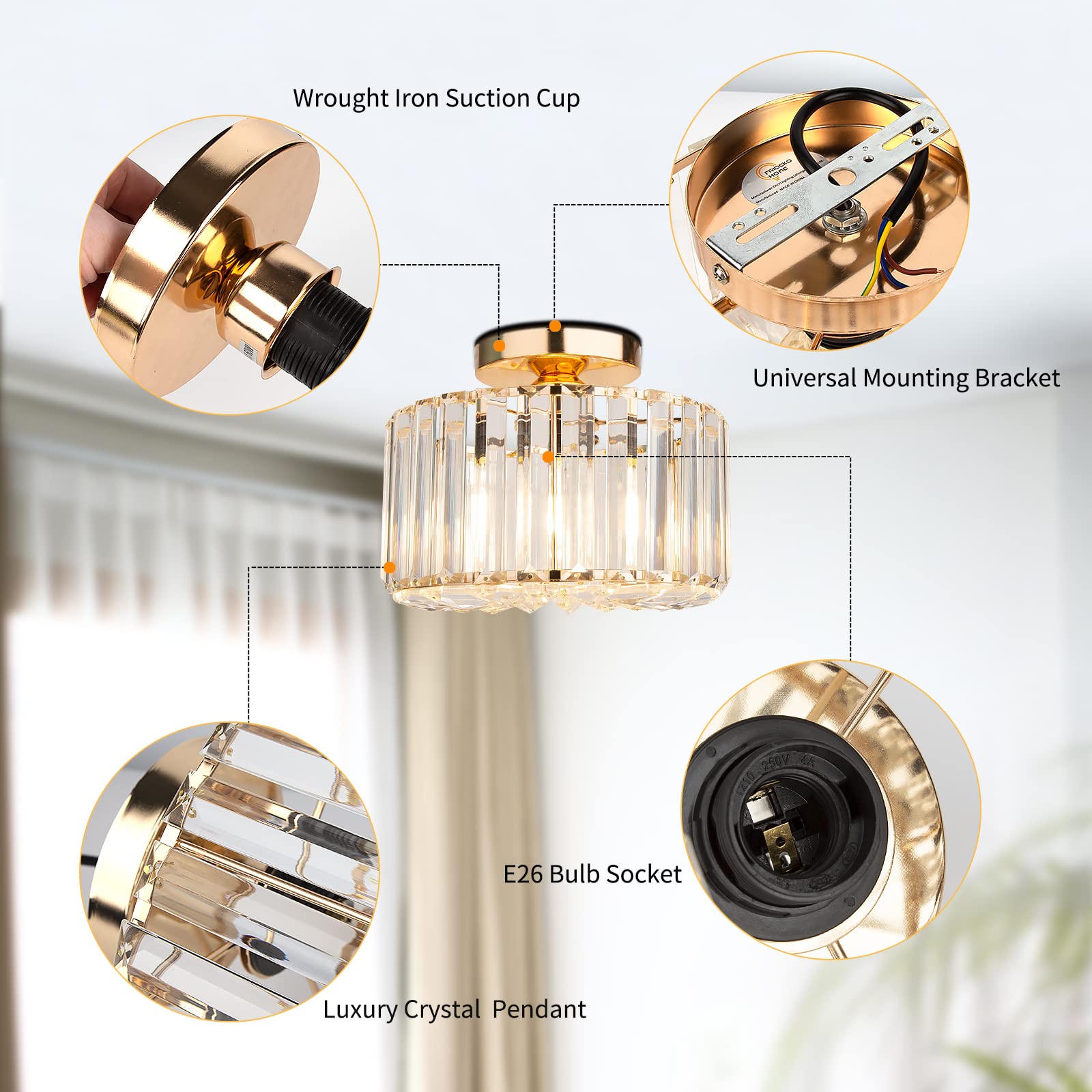 FRIDEKO HOME Modern Crystal Chandelier Semi-Flush Mount Ceiling Light - Gold Finish Lighting Fixture for Hallway, Porch, Kitchen, Bedroom, Living Room & Entryway | Elegant Home Decor & Ambient Lighting Solution