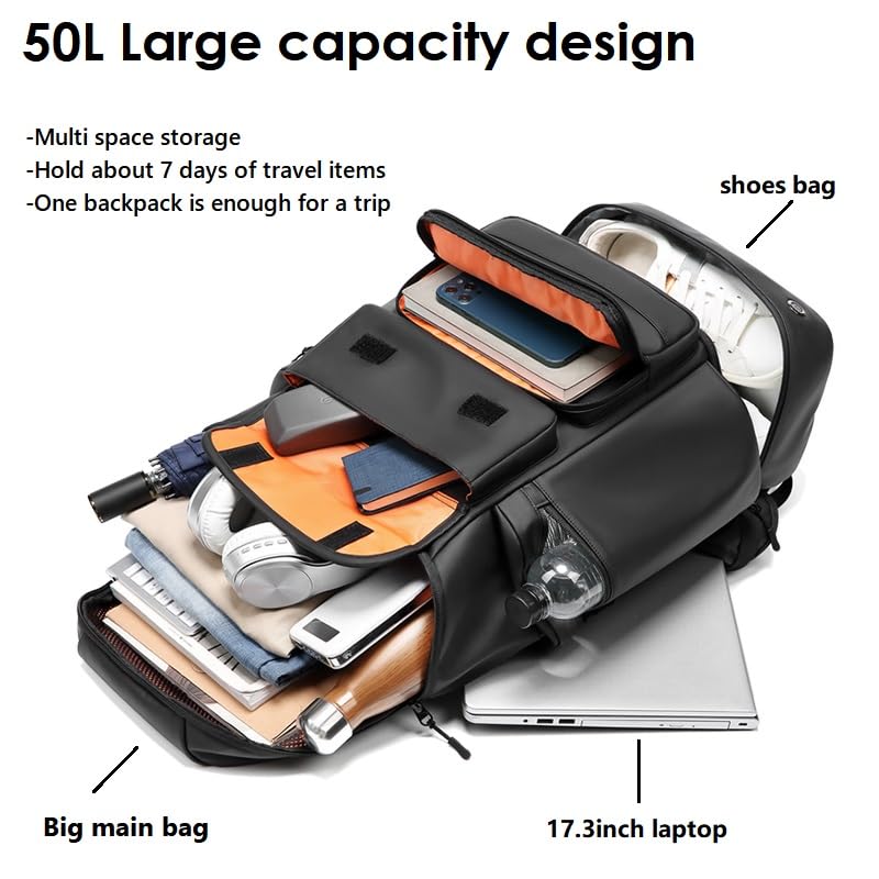 **50L Travel Backpack for Men - Waterproof Carry-On Backpack with Shoe Compartment & 17