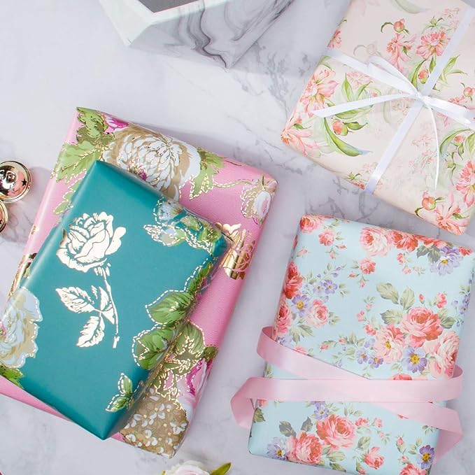 Floral Gift Wrapping Paper with Ribbons - 10 Sheets Multicolor Present Wrapping Paper for Birthdays, Baby Showers, Weddings & Holidays | Perfect for Gift Bags, Boxes & DIY Crafts
