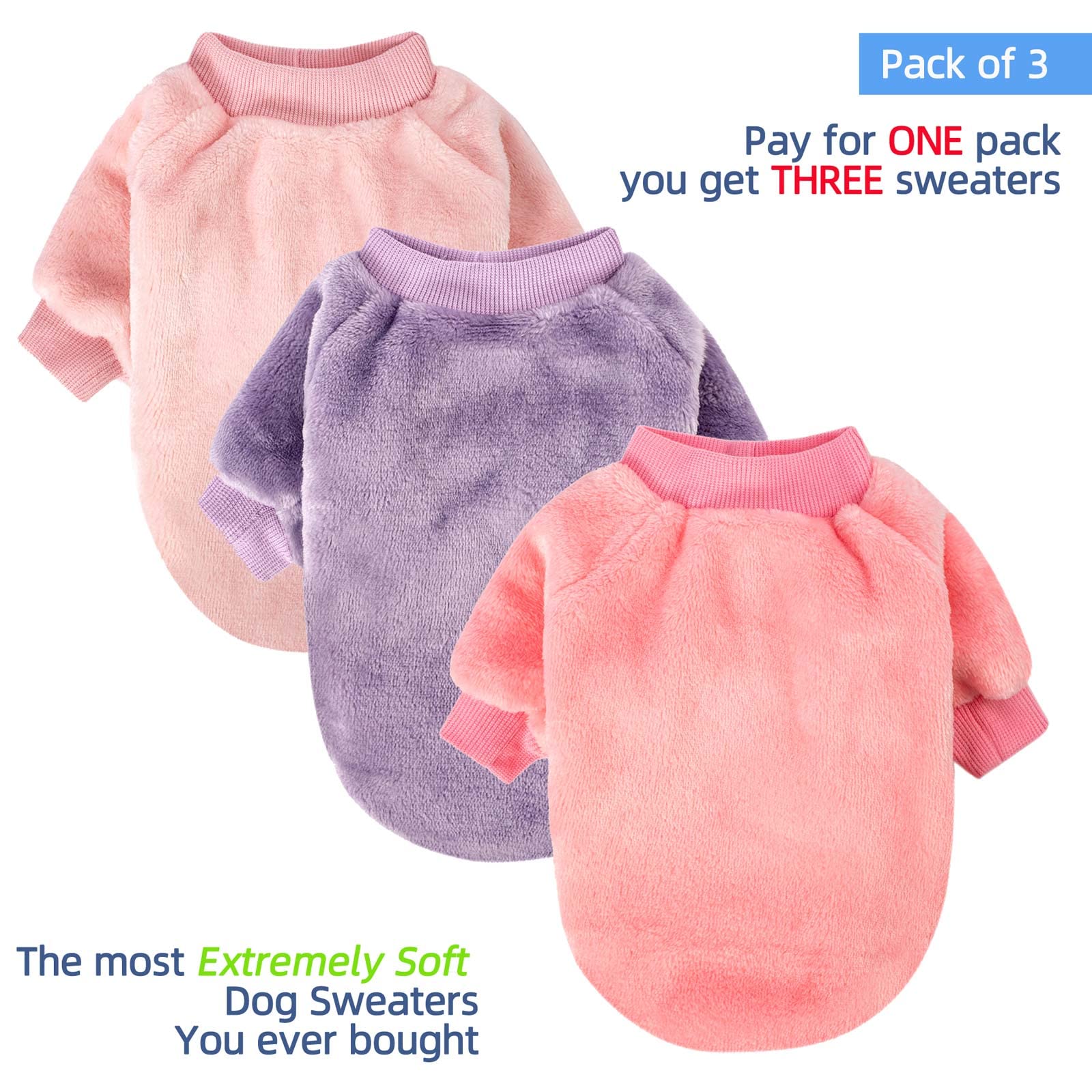 FabriCastle Small Dog Sweaters 3-Pack - Ultra Soft & Warm Pet Clothes for Small/Medium Dogs - XXS Cozy Winter Apparel in Pink, Purple & Light Pink - Perfect for Indoor/Outdoor Use, Daily Walks & Cold Weather Protection