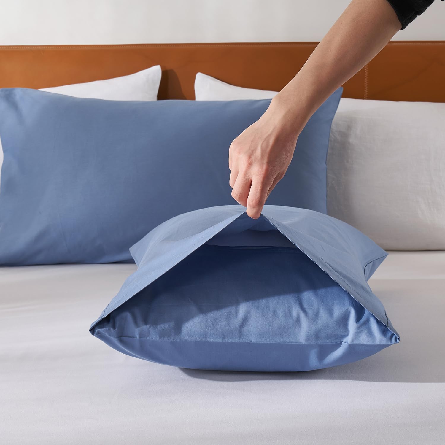 Premium 100% Cotton Queen Size Pillowcases Set of 2 - 20x30 Inches Super Soft & Breathable Envelope Closure Blue Pillow Covers for Bedroom, Hotel, or Guest Room - Durable & Hypoallergenic Bedding Accessories