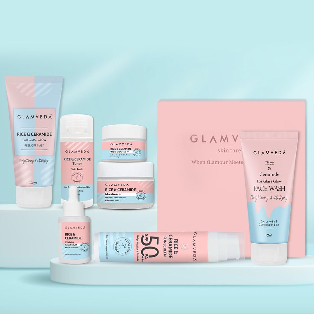 Glamveda Korean Rice & Ceramide 7-Step Skincare Set for Women - Face Wash, Peel Off Mask, Toner, Serum, Eye Cream, Moisturizer & Sunscreen with Gift Box | Hydrating & Anti-Aging Routine for Dry & Sensitive Skin | Perfect for Daily & Nighttime Skincare Regimen