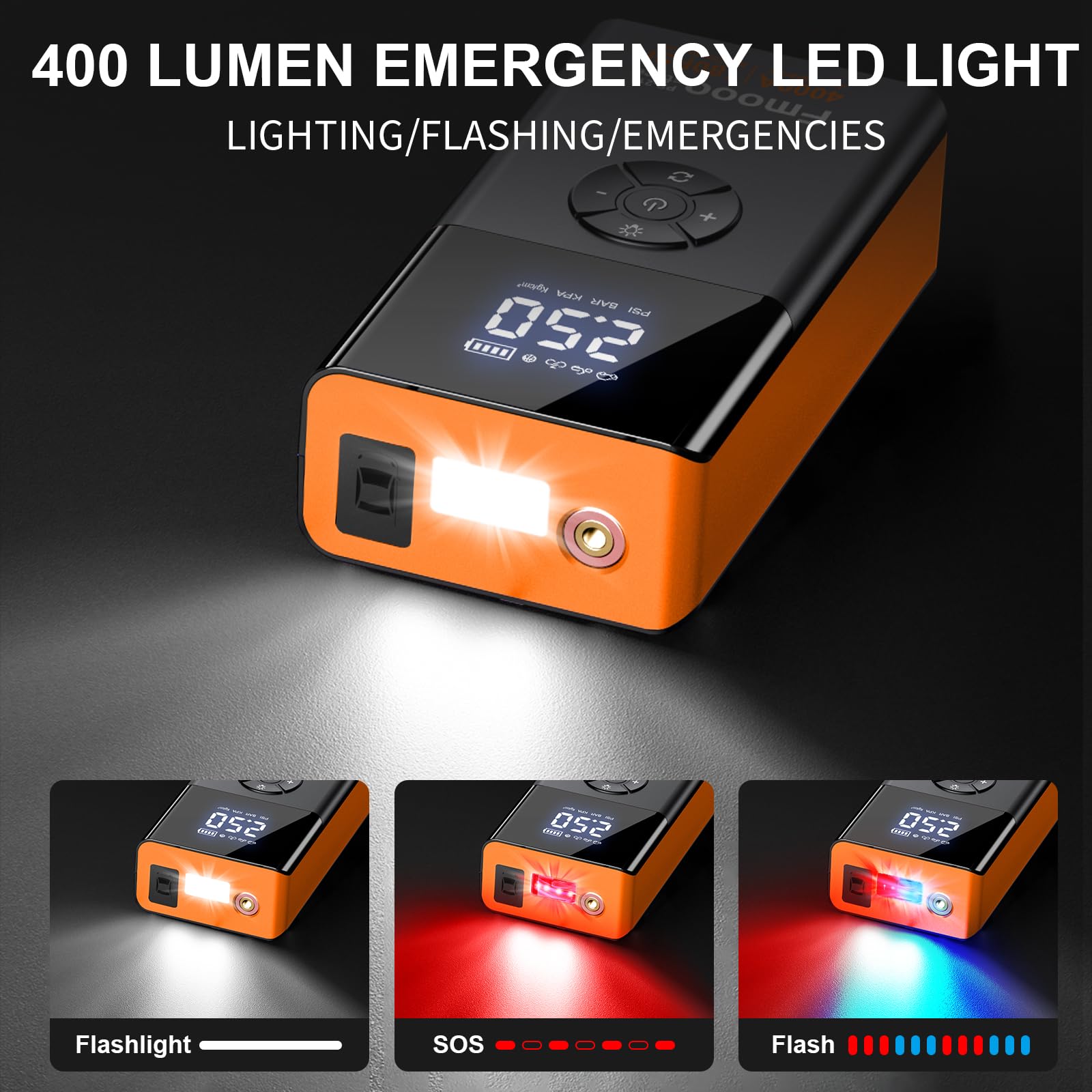 4000A 180PSI Portable Car Jump Starter with Air Compressor - 12V Battery Booster for 10L Gas/8L Diesel Engines - Emergency Car Battery Charger with LCD Display & LED Lights (Orange) - Perfect for Roadside Emergencies, Camping Trips & Winter Car Maintenance