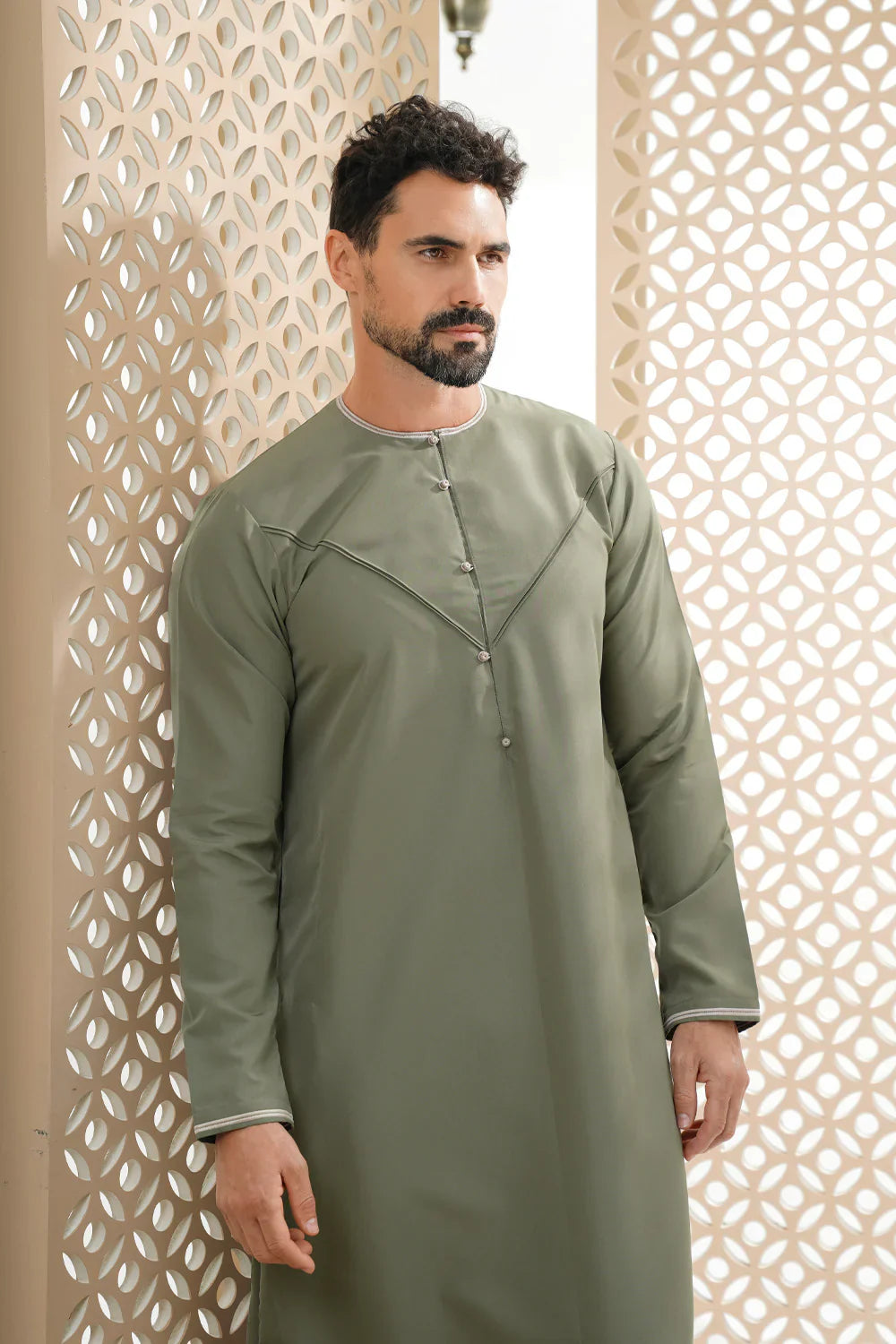 Premium Emirati Faris Thobe Jubba for Men - Olive Green Traditional Arabic Robe - Perfect for Eid, Weddings & Special Occasions