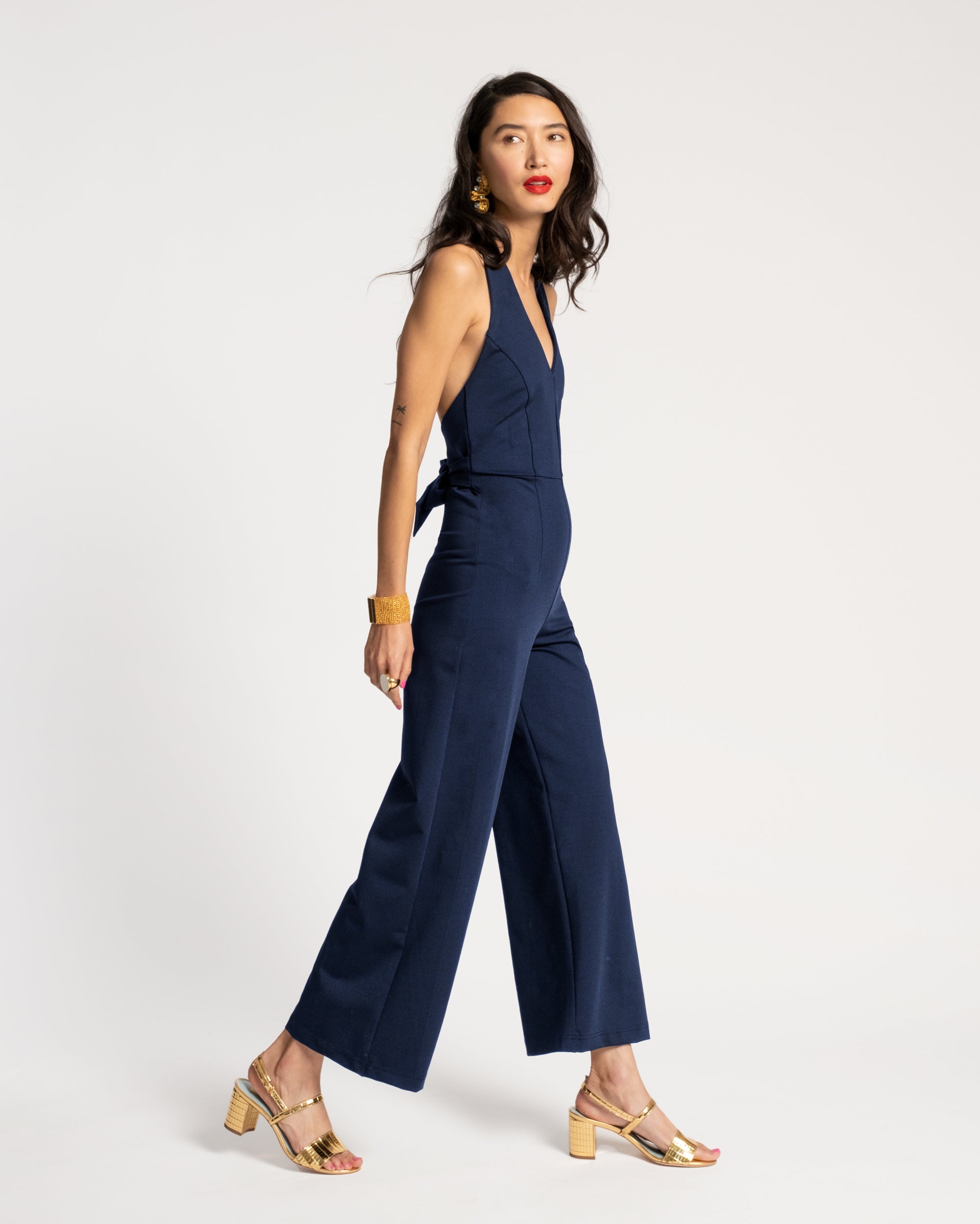 Women's Navy Halter Jumpsuit - Sexy Summer Romper with Adjustable Straps & Pockets | Perfect for Beach Vacation, Music Festival, and Date Night Outfits