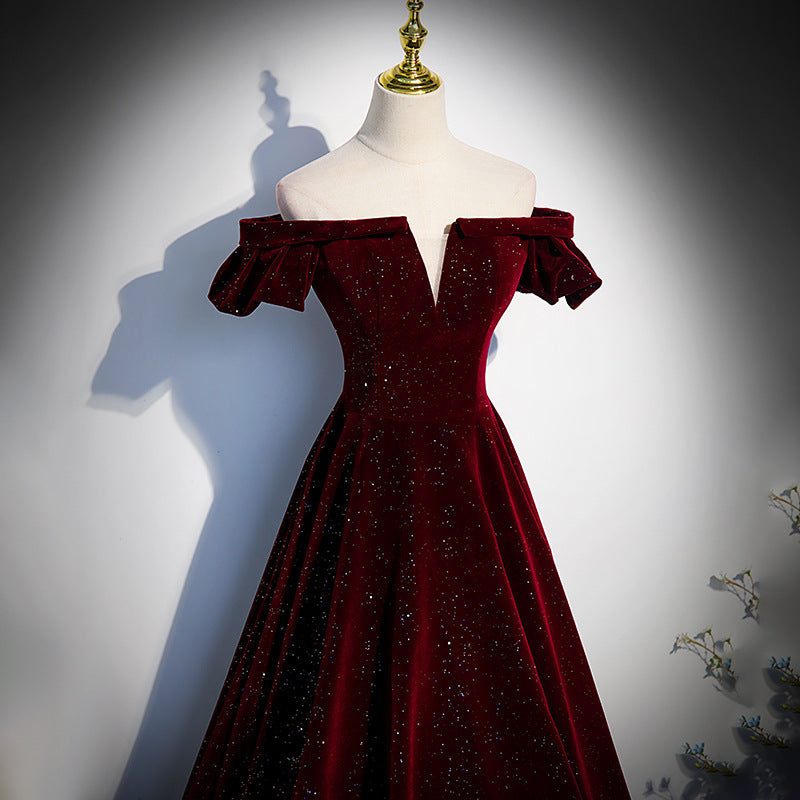 Elegant Off Shoulder Burgundy Long Prom Dress - A-Line Velvet Shiny Evening Gown for Women | Perfect for Homecoming, Formal Dances & Special Occasions