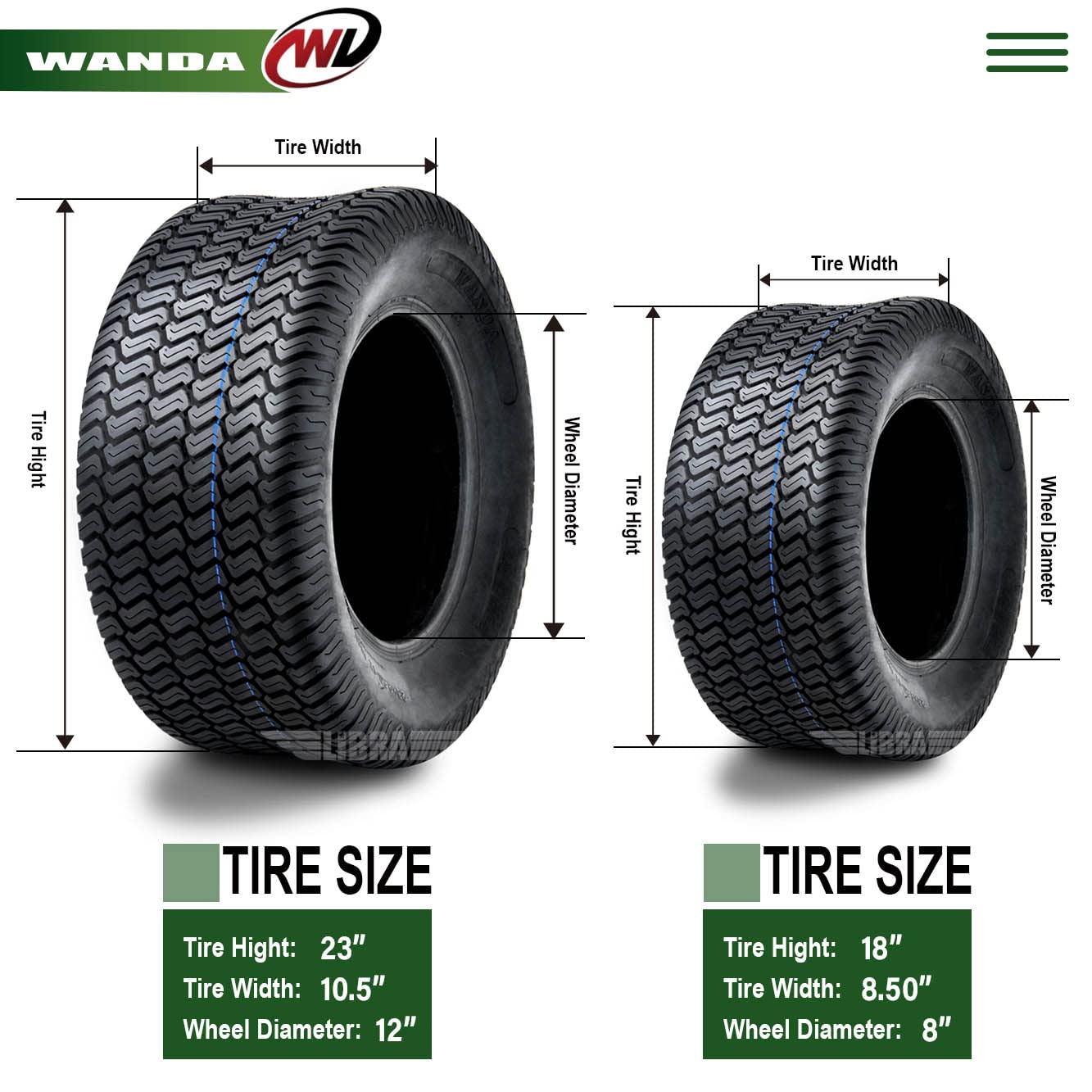 WANDA 4-Ply Lawn Mower Tires Set - 18x8.5-8 Front & 23x10.5-12 Rear (Fits Models 13028/13049) - Durable Turf Tires for Zero-Turn Mowers, Riding Tractors & Commercial Landscaping Equipment