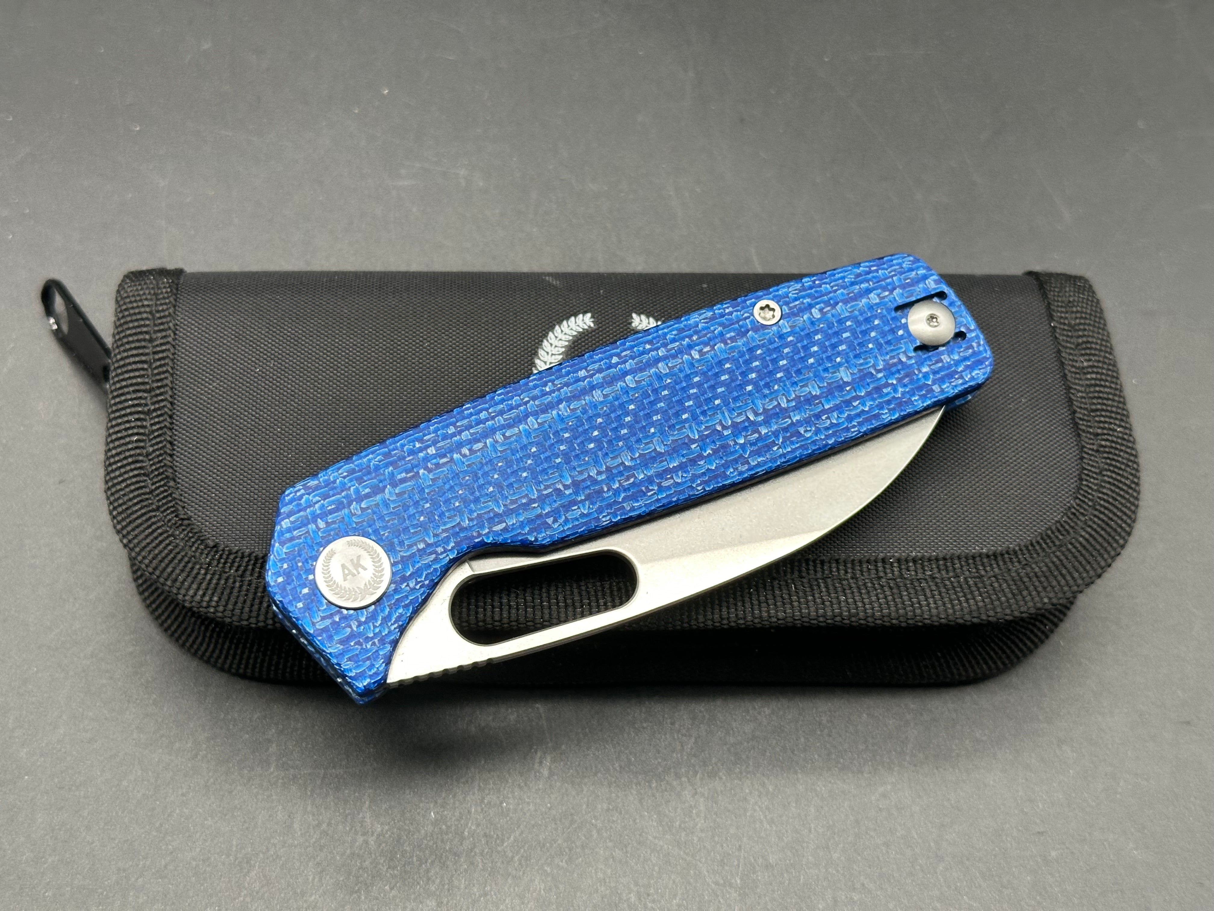 Asher Spiro 20CV Stonewash Folding Knife - Blue Carbon Fiber Handle - EDC Pocket Knife for Outdoor, Camping, Hiking & Everyday Carry