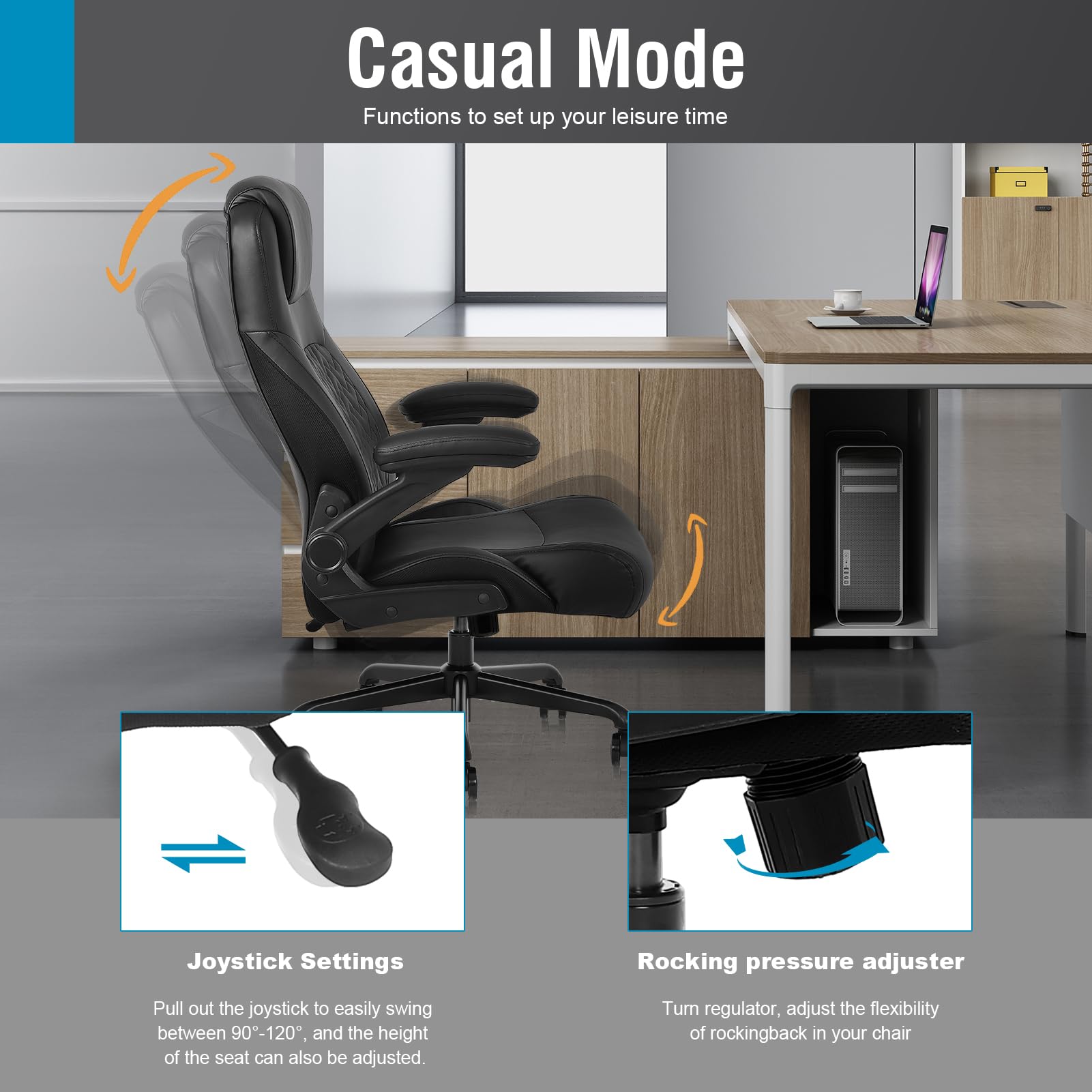 Flysky Executive Ergonomic Office Chair - Heavy Duty Big & Tall Chair with PU Leather, Adjustable Lumbar Support, Flip-Up Armrests & Height Adjustment - Perfect for Home Office, Gaming & Workspace (Black)