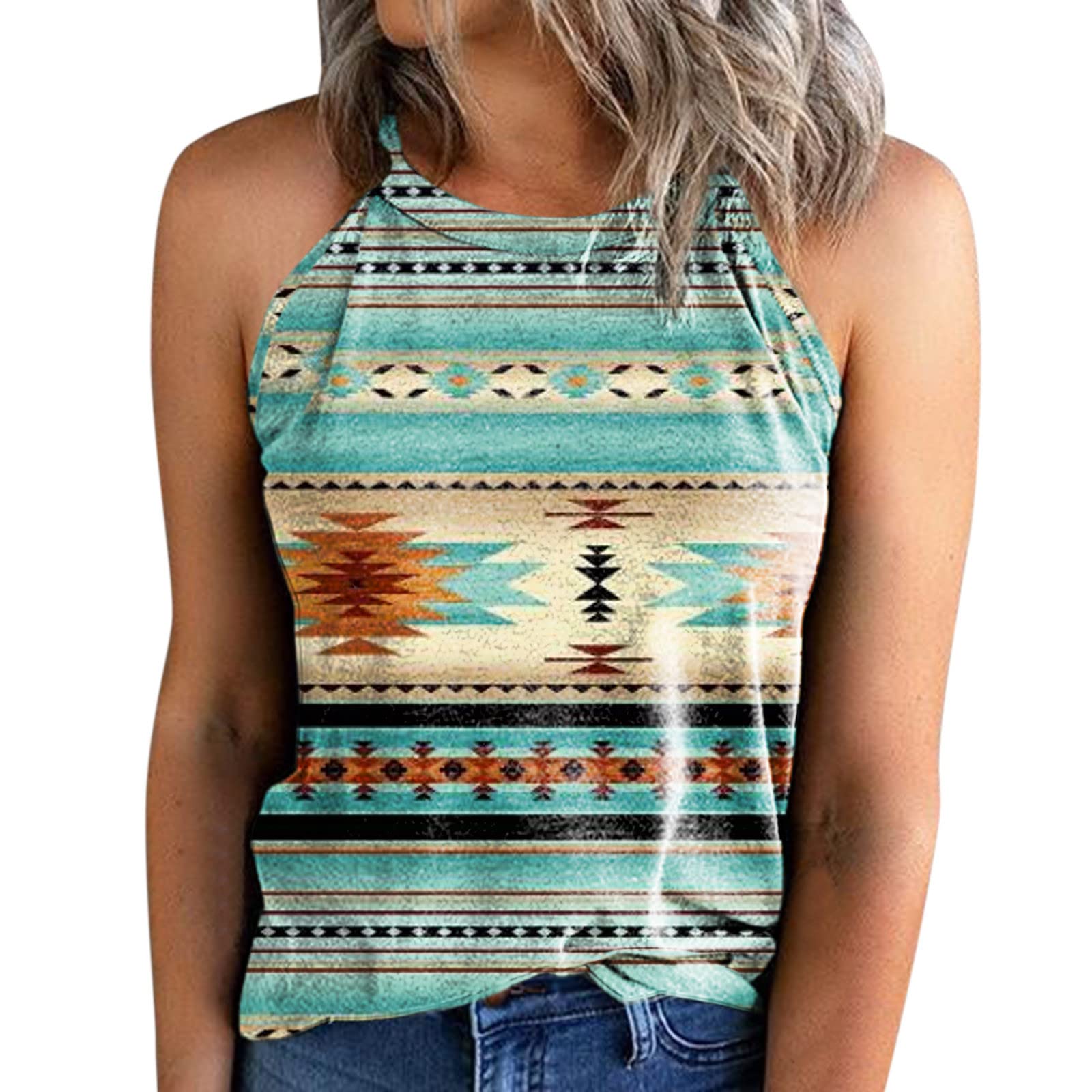 Women's Aztec Print Slim Fit Tank Tops - Breathable O-Neck Summer Tops for Casual Wear, Gym, and Beach Outfits